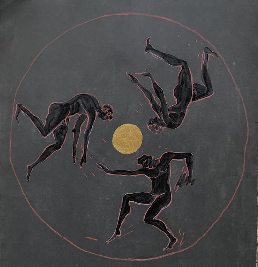 Dionysian. Three Male Figures Dancing Around a Golden Sun by Marco Silombria