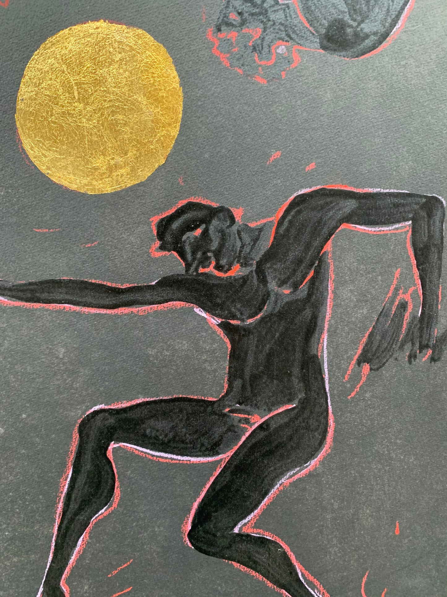 Dionysian. Three Male Figures Dancing Around a Golden Sun by Marco Silombria