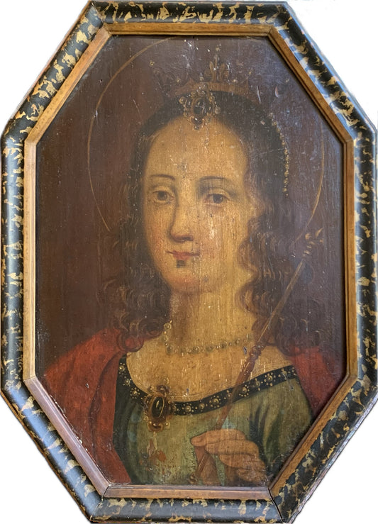 Saint Clotilde, Painting on wooden panel, circa 1700. Saint Queen of Francs