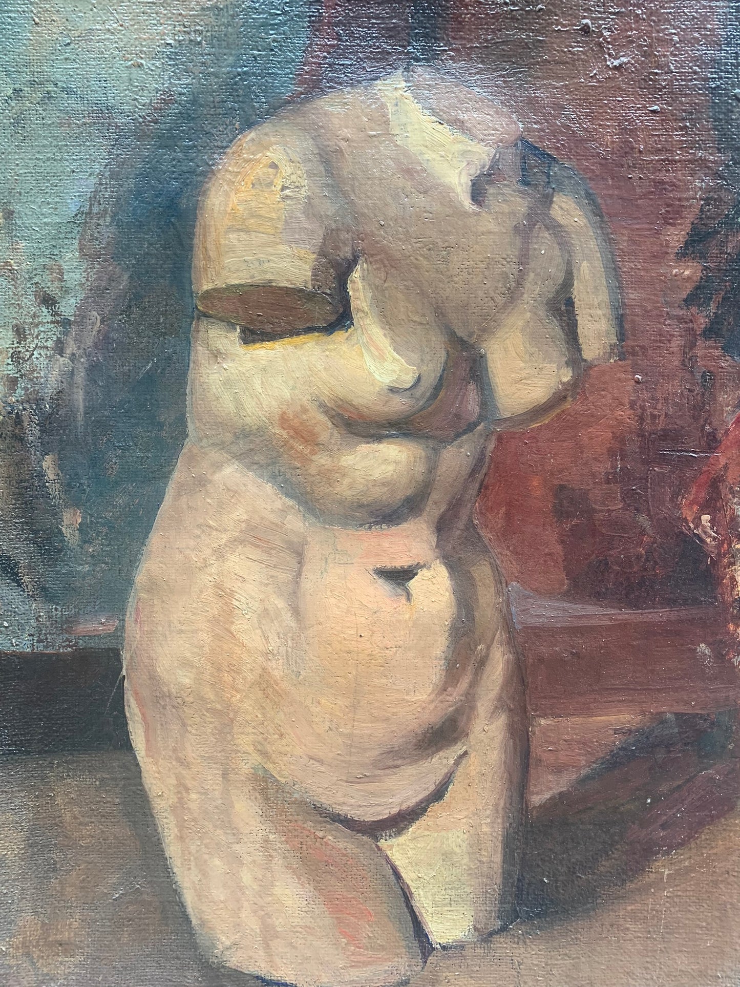 Female torso and portrait of the 1920s. Double sketch on canvas.