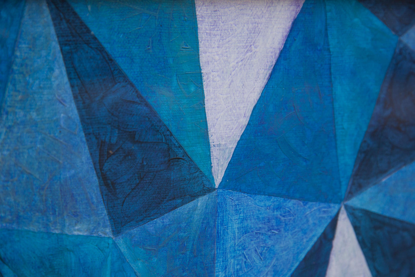 Abstract painting with geometric play of blue triangles. Circa 1970