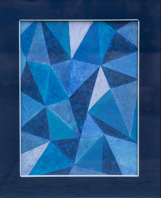 Abstract painting with geometric play of blue triangles. Circa 1970