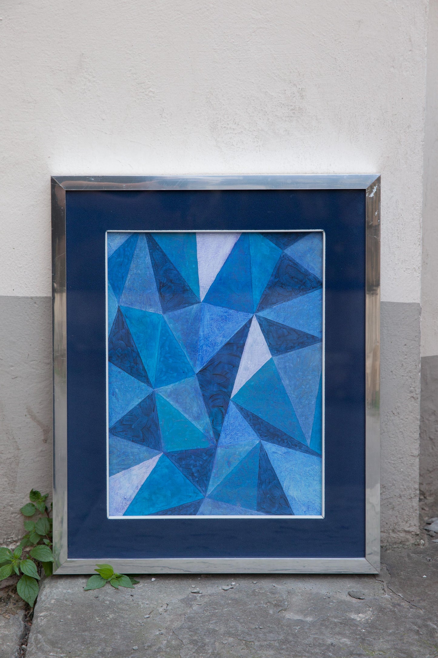 Abstract painting with geometric play of blue triangles. Circa 1970