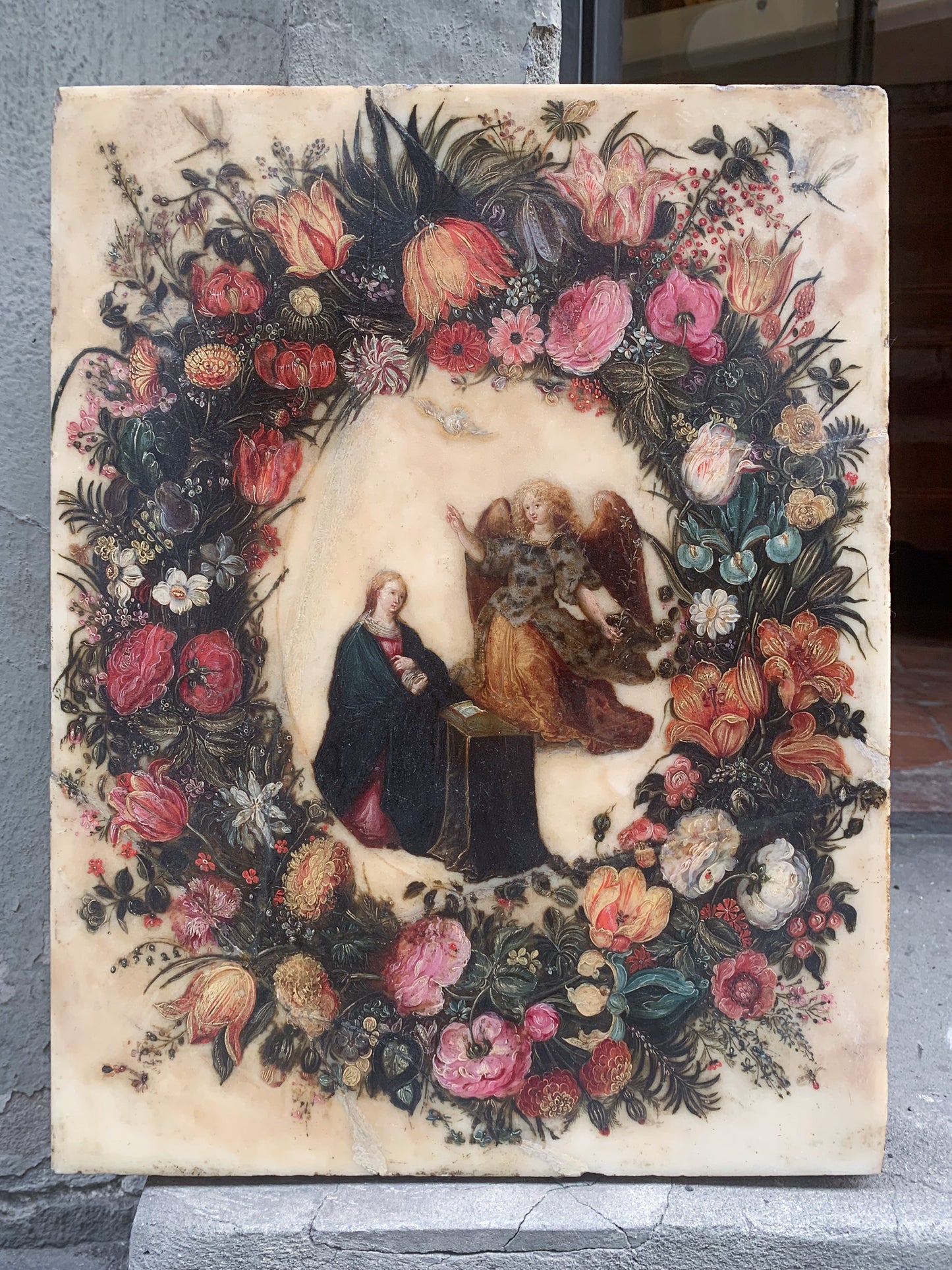 Flemish painting on alabaster: Floral garland with Annunciation, Circle of Frans Francken II, Flanders, early 17th century