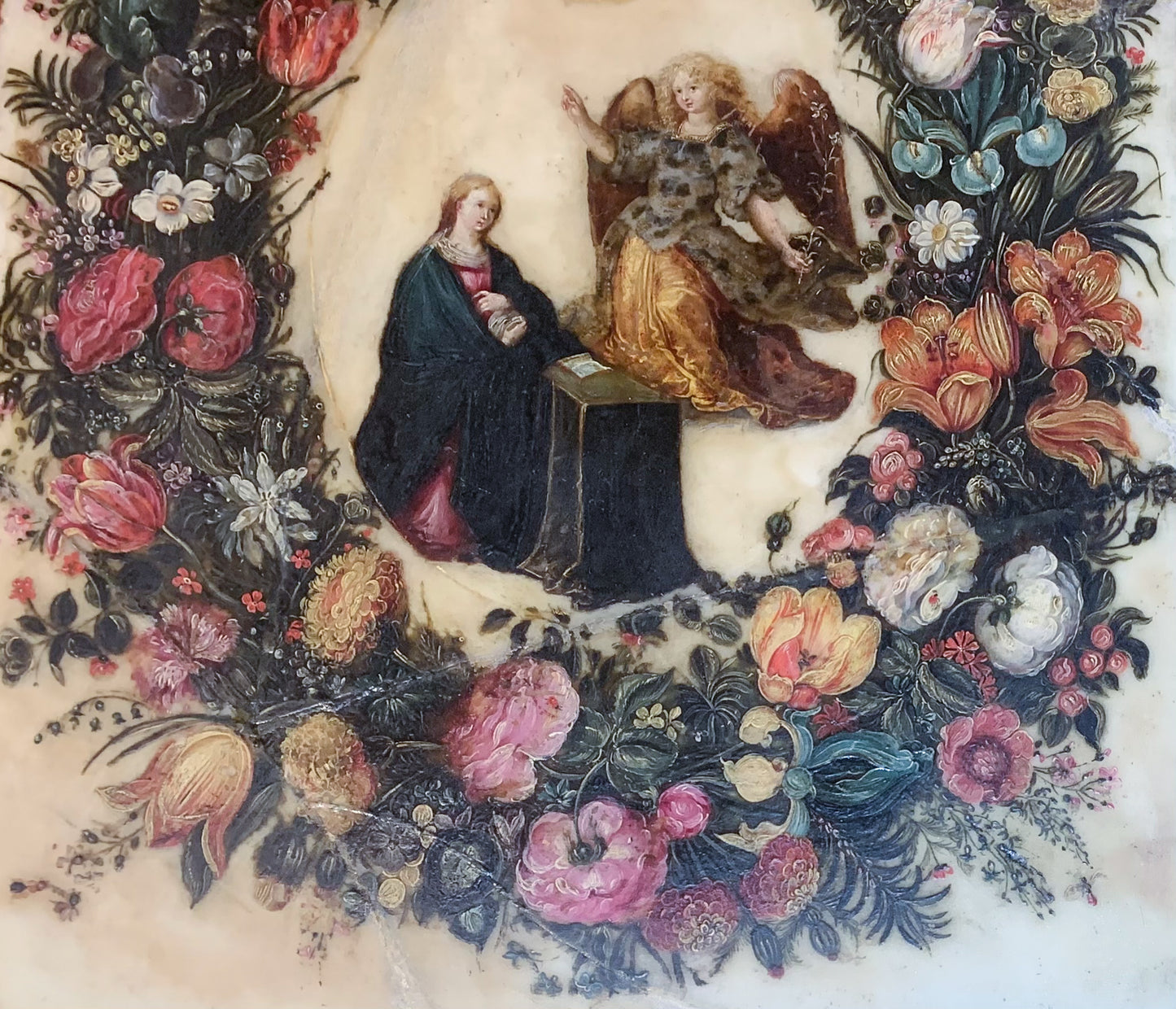 Flemish painting on alabaster: Floral garland with Annunciation, Circle of Frans Francken II, Flanders, early 17th century