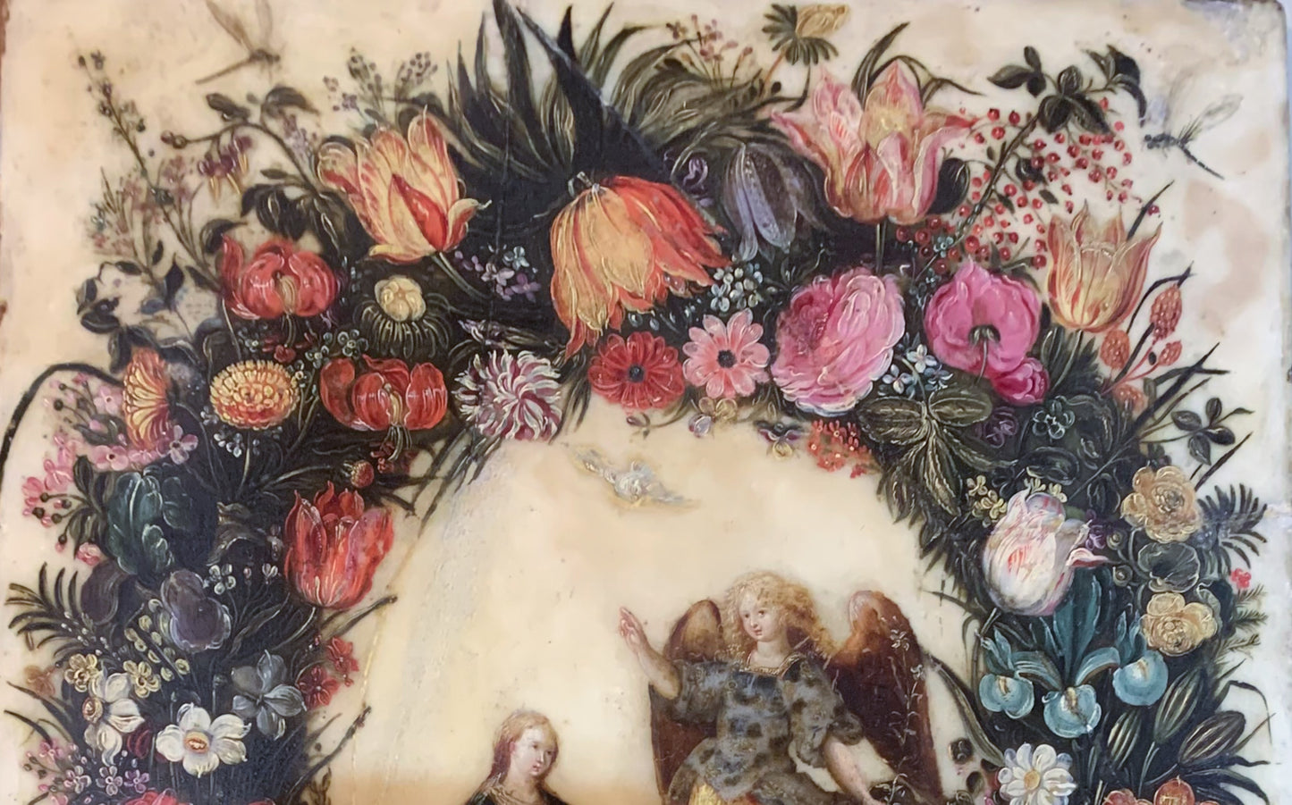 Flemish painting on alabaster: Floral garland with Annunciation, Circle of Frans Francken II, Flanders, early 17th century