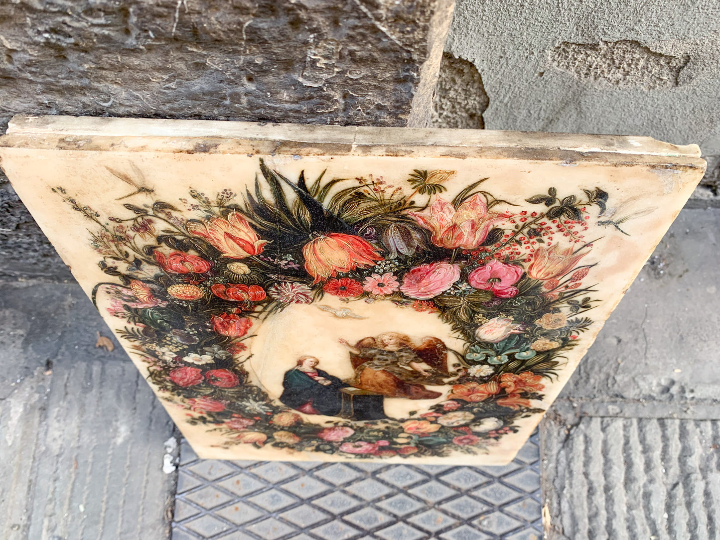 Flemish painting on alabaster: Floral garland with Annunciation, Circle of Frans Francken II, Flanders, early 17th century