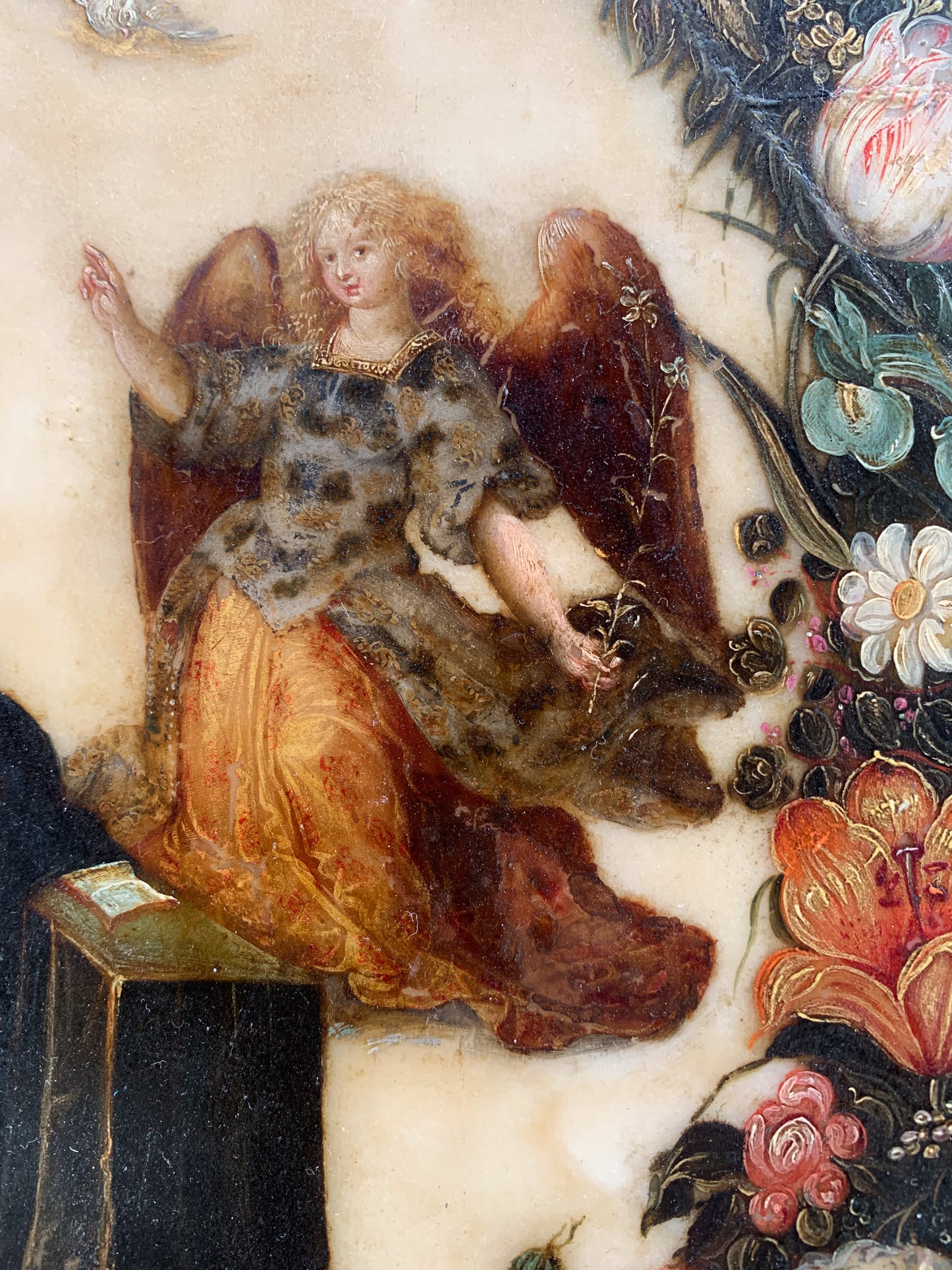 Flemish painting on alabaster: Floral garland with Annunciation, Circle of Frans Francken II, Flanders, early 17th century