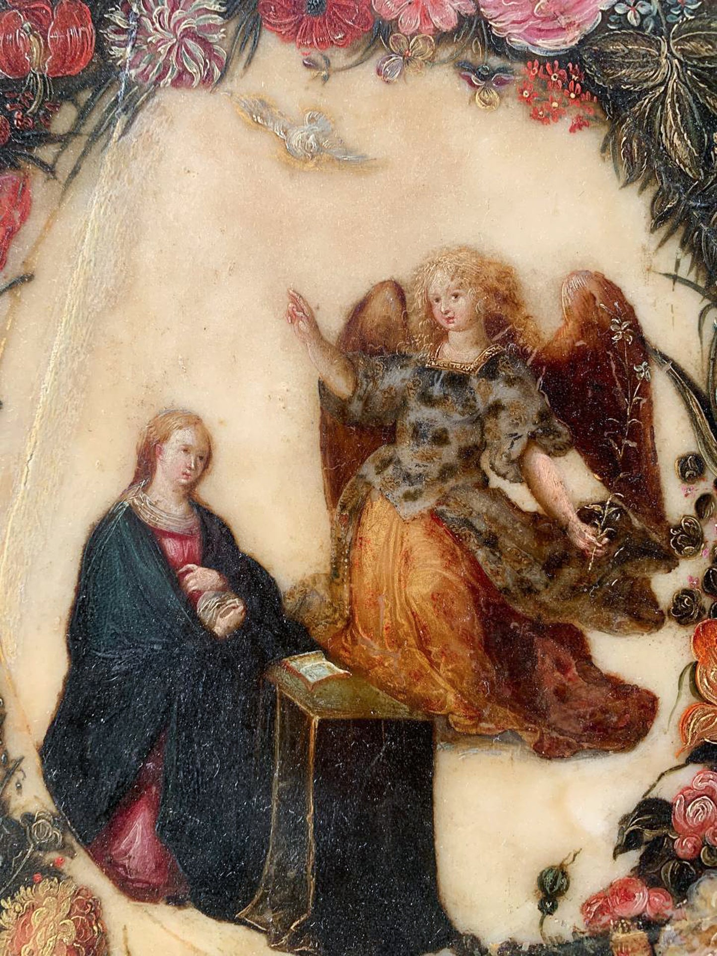 Flemish painting on alabaster: Floral garland with Annunciation, Circle of Frans Francken II, Flanders, early 17th century