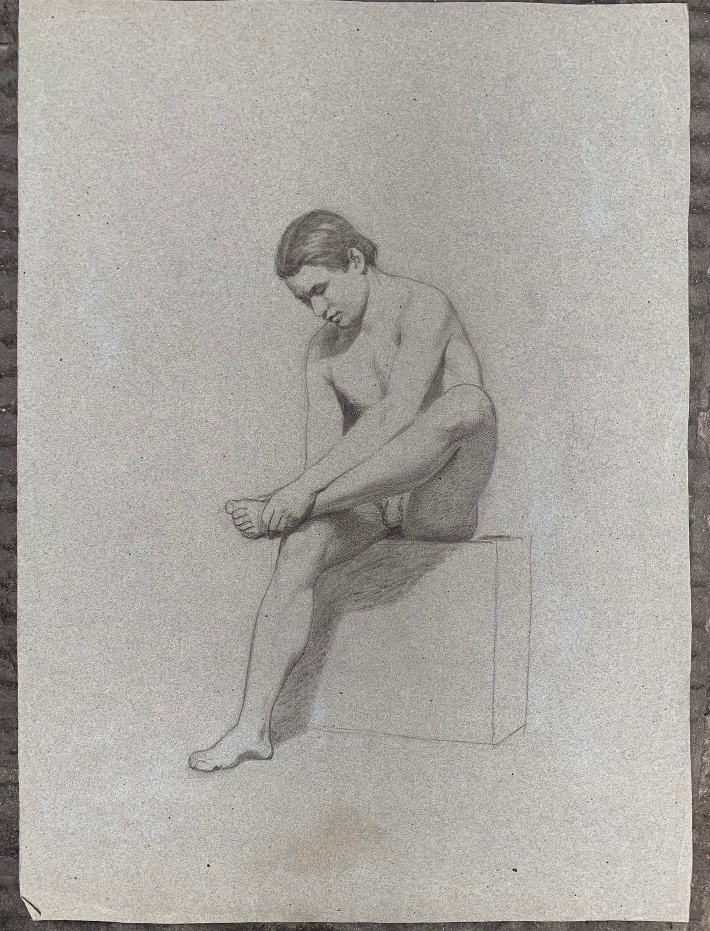 19th century Italian school drawing. Academic study of the figure of the young naked man.