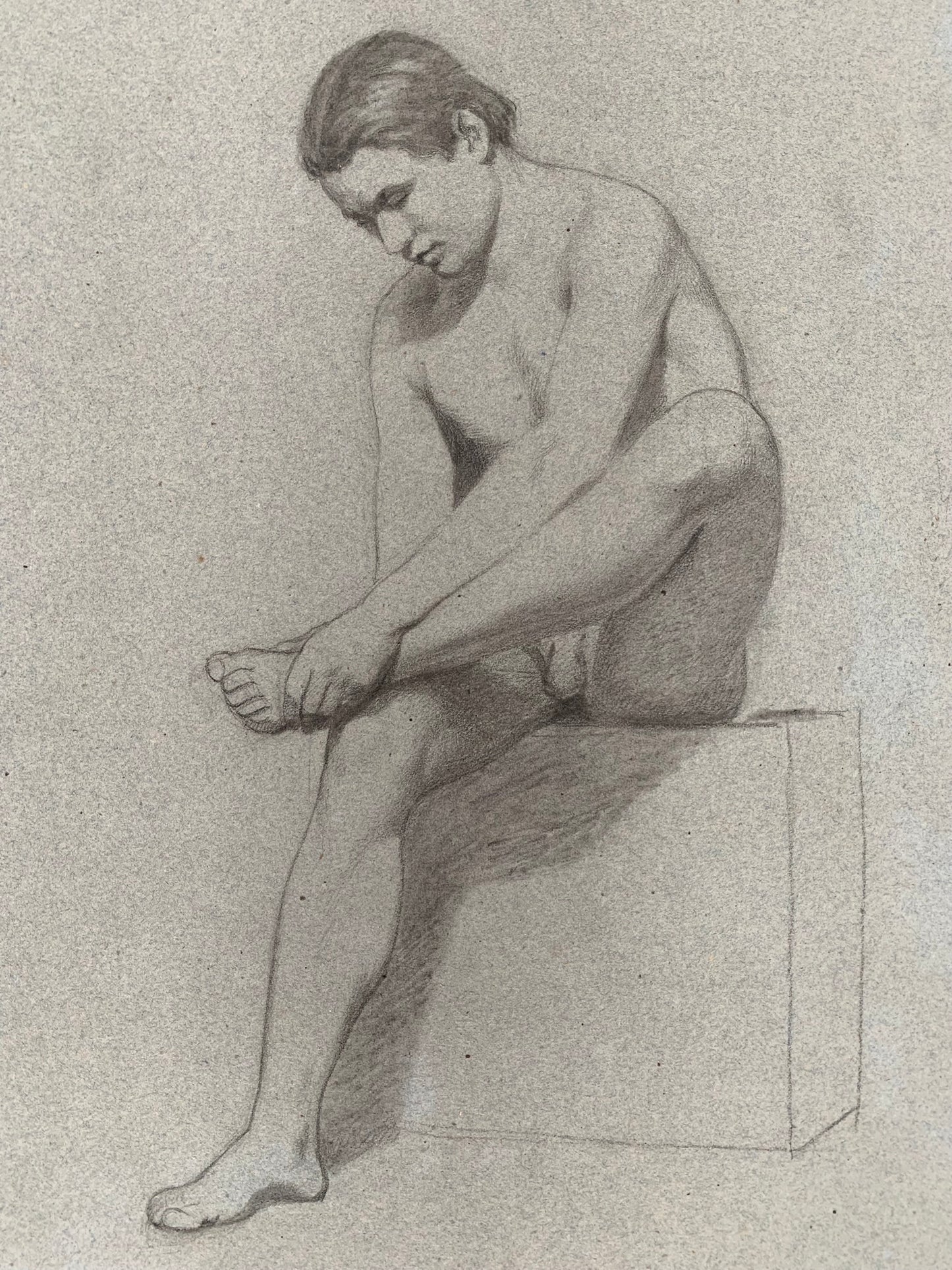 19th century Italian school drawing. Academic study of the figure of the young naked man.