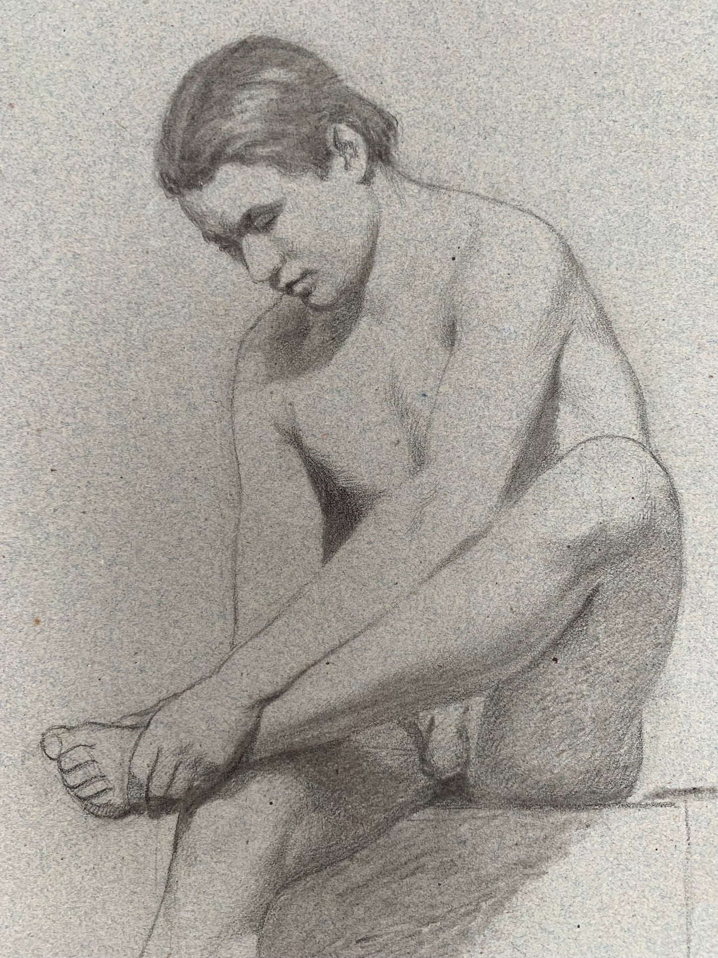 19th century Italian school drawing. Academic study of the figure of the young naked man.