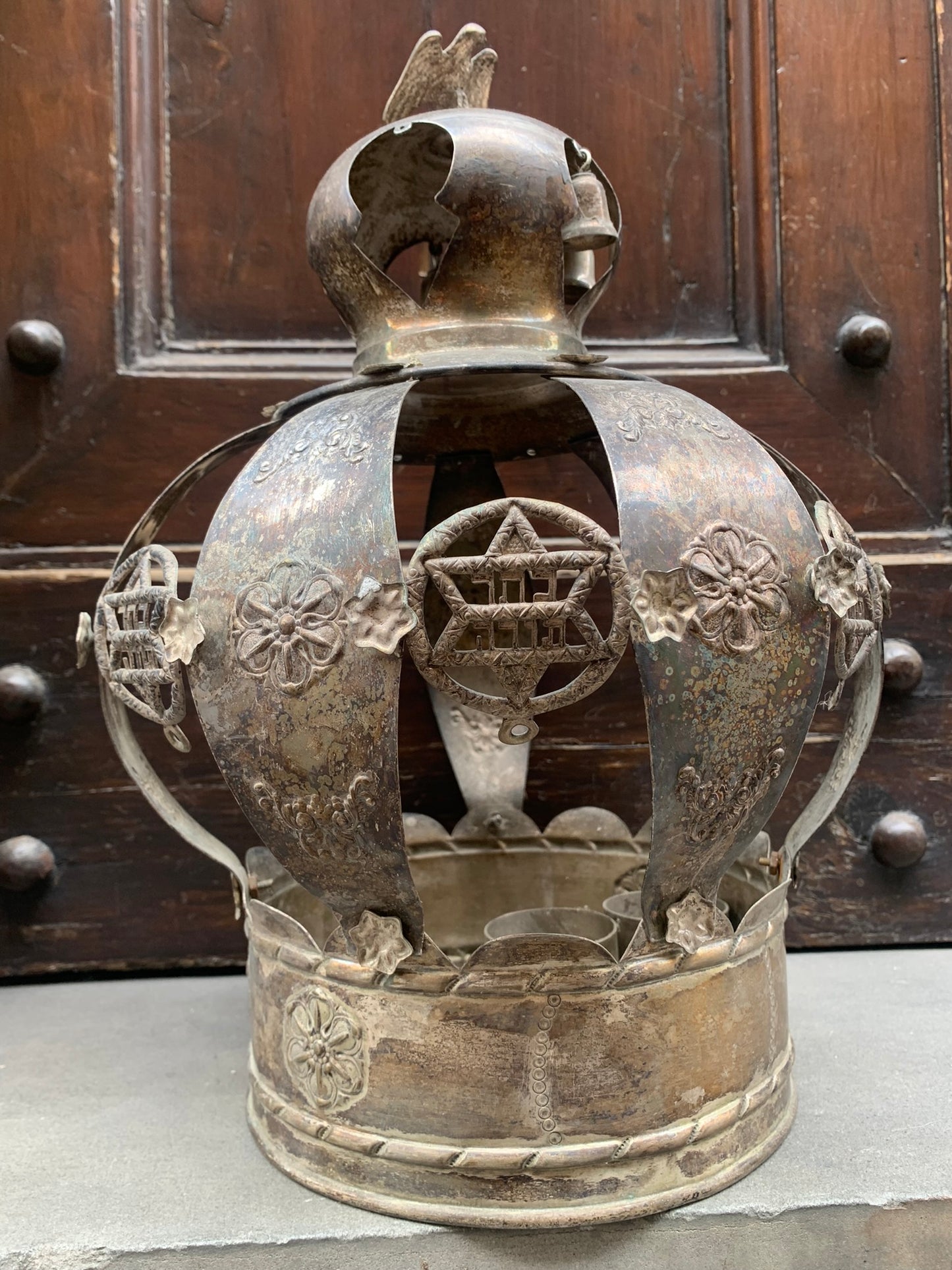 Antique Jewish crown for Torah.  2nd half of XIX century. Silver metal crown with Jewish symbols.