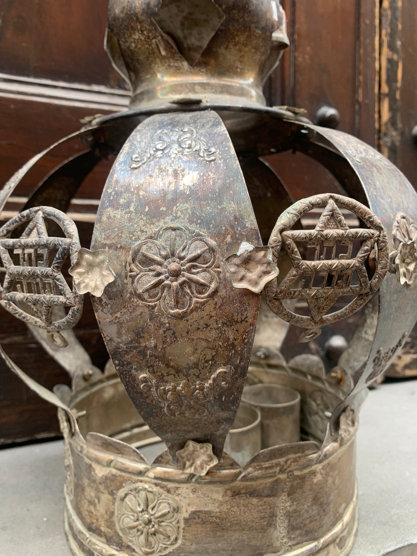 Antique Jewish crown for Torah.  2nd half of XIX century. Silver metal crown with Jewish symbols.