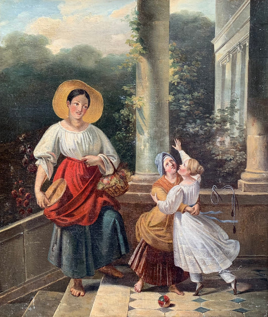 Peasant Girl And Little Lady With Toys. Europe, Romantic Era, Mid-19th Century