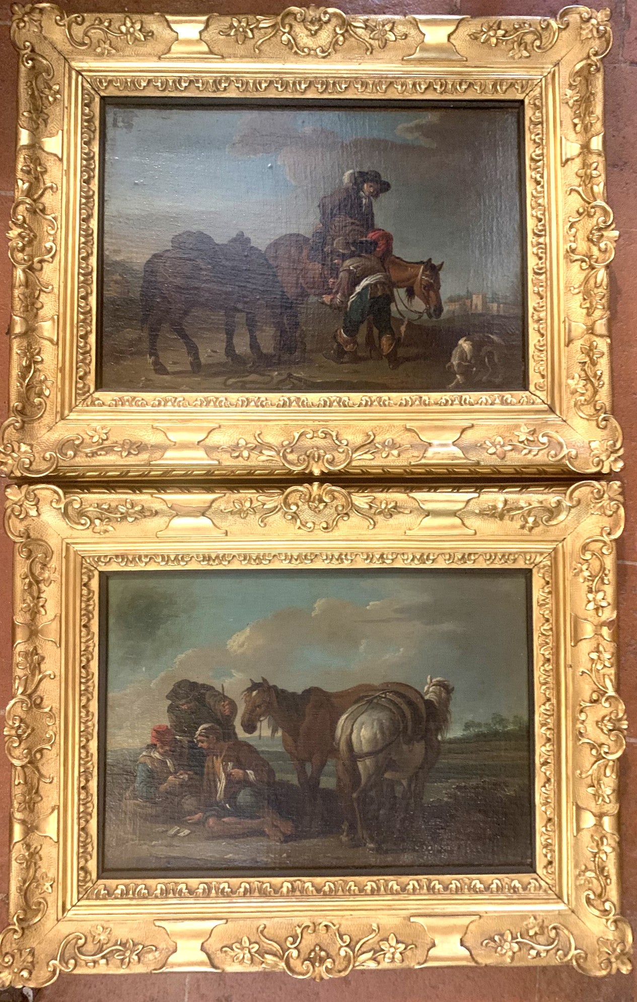 Paolo Monaldi. 2 paintings. "A stopover in the countryside" and "A game of cards". Circa 1740