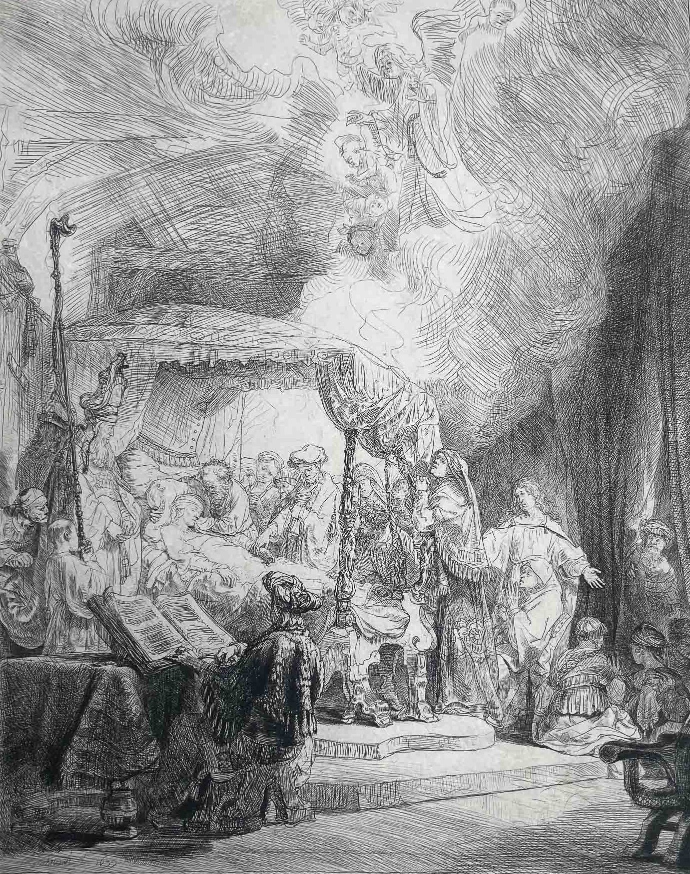 Rembrandt van Rijn, Il transito della Madonna, incisione antica, lastra del 1639, terzo stato.