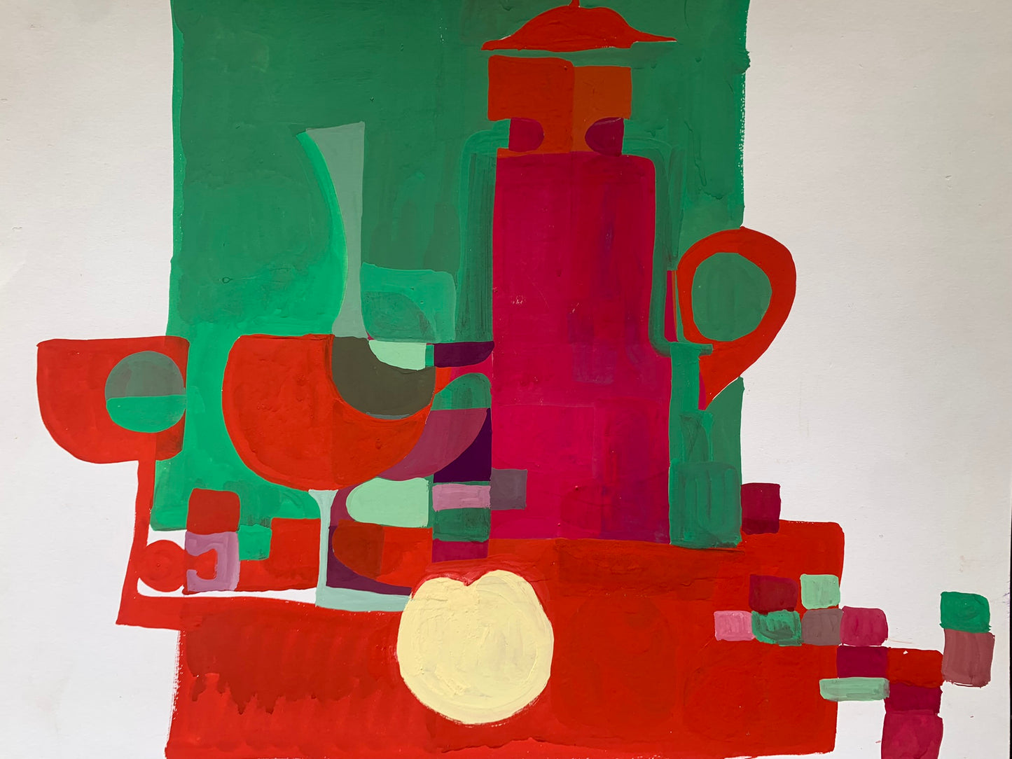 Geometric Fantasy with Coffee Pot and Red Wine Glasses Artist: Unattributed Date: Circa 1970. H 65 cm x W 50 cm approx.