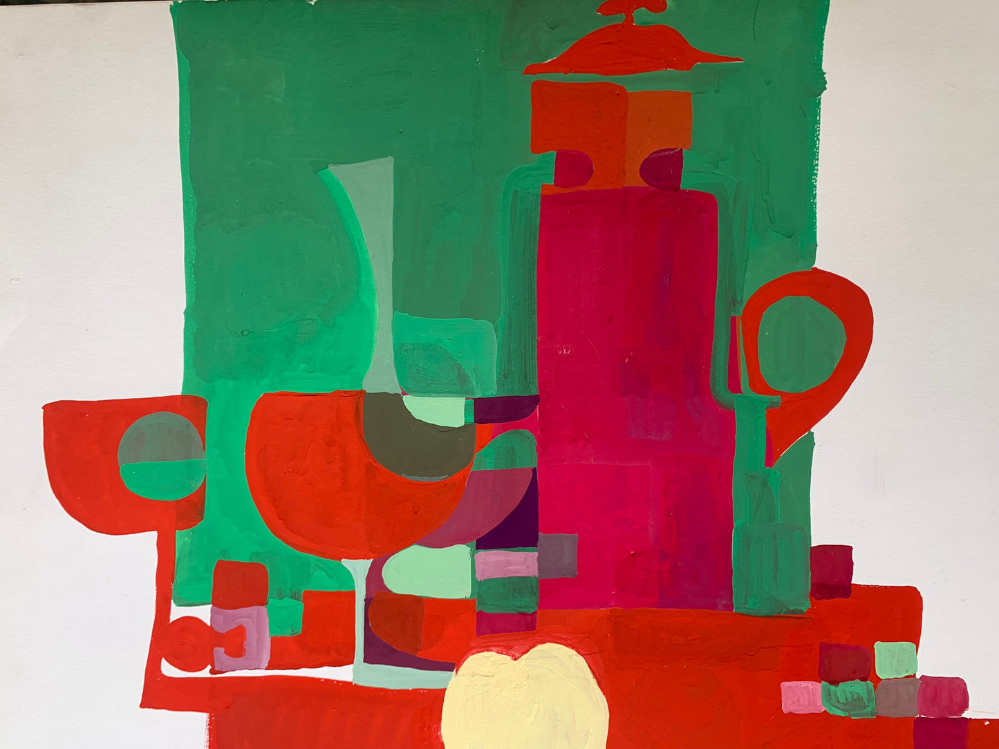 Geometric Fantasy with Coffee Pot and Red Wine Glasses Artist: Unattributed Date: Circa 1970. H 65 cm x W 50 cm approx.