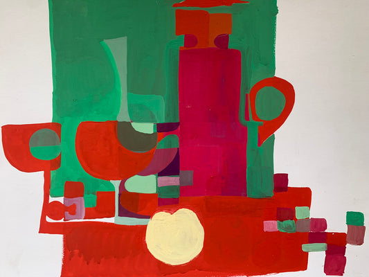 Geometric Fantasy with Coffee Pot and Red Wine Glasses Artist: Unattributed Date: Circa 1970. H 65 cm x W 50 cm approx.