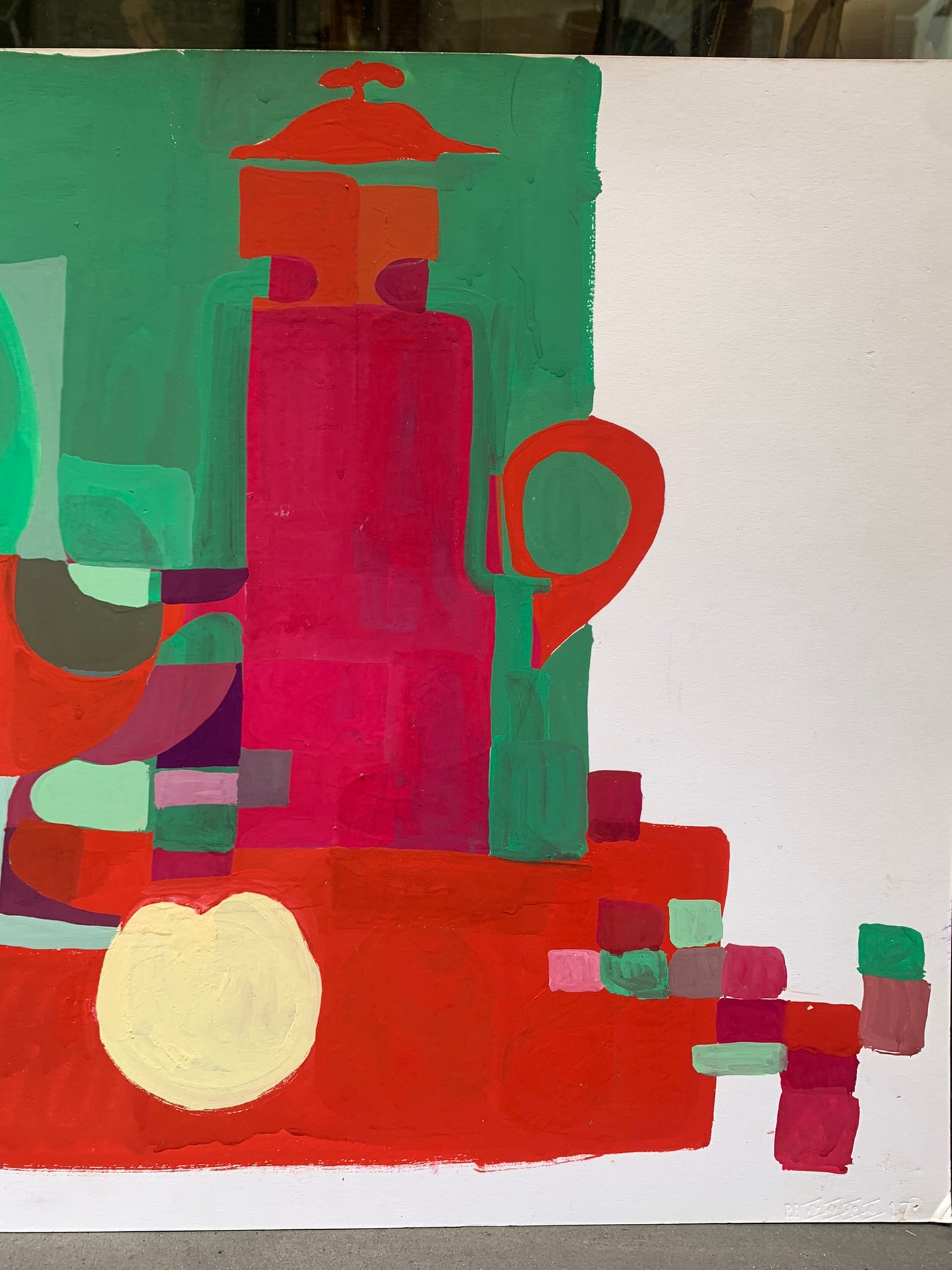 Geometric Fantasy with Coffee Pot and Red Wine Glasses Artist: Unattributed Date: Circa 1970. H 65 cm x W 50 cm approx.