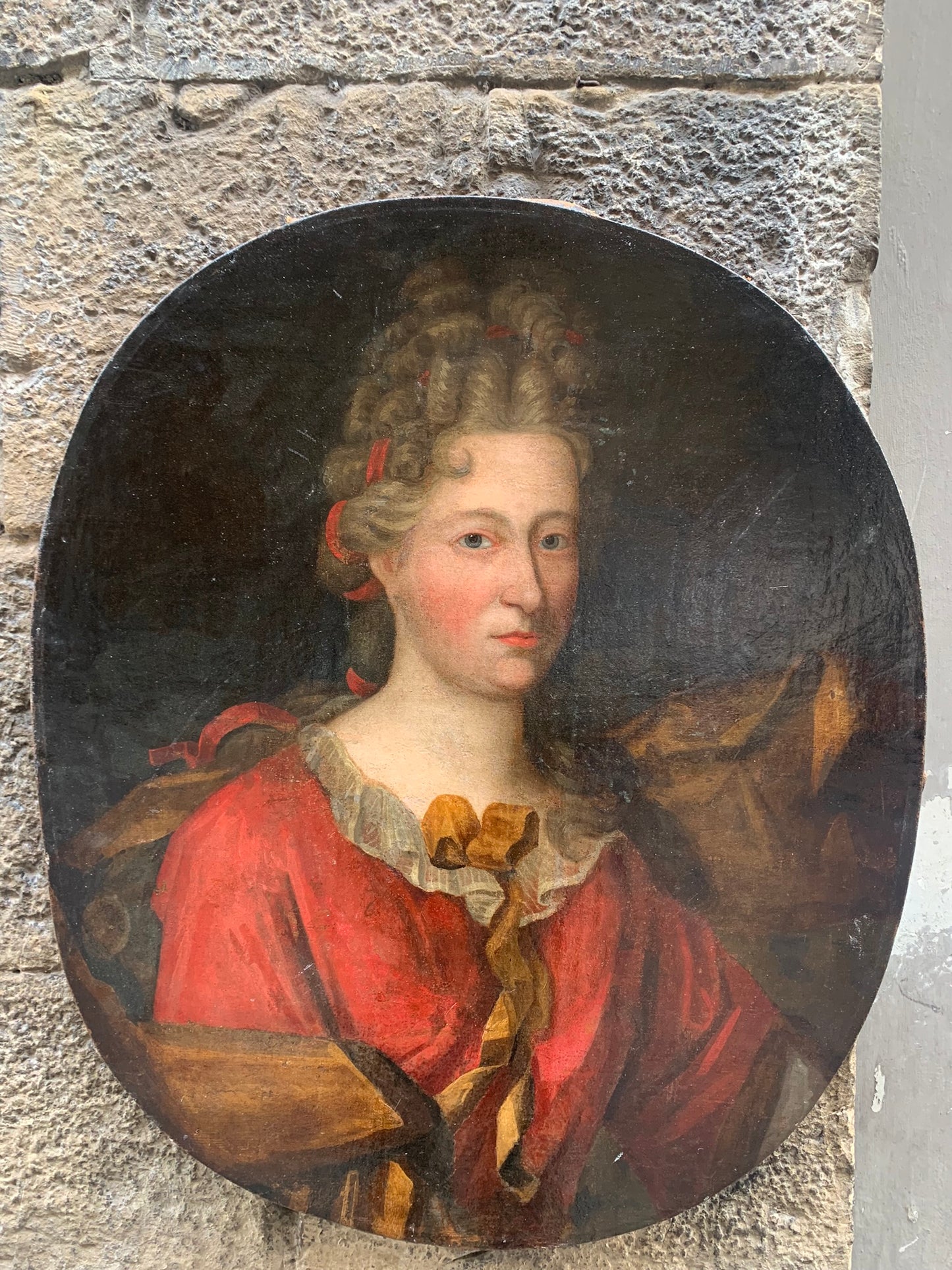 Portrait of a Lady with Flowing Mantle and High Hairstyle with Ribbon.