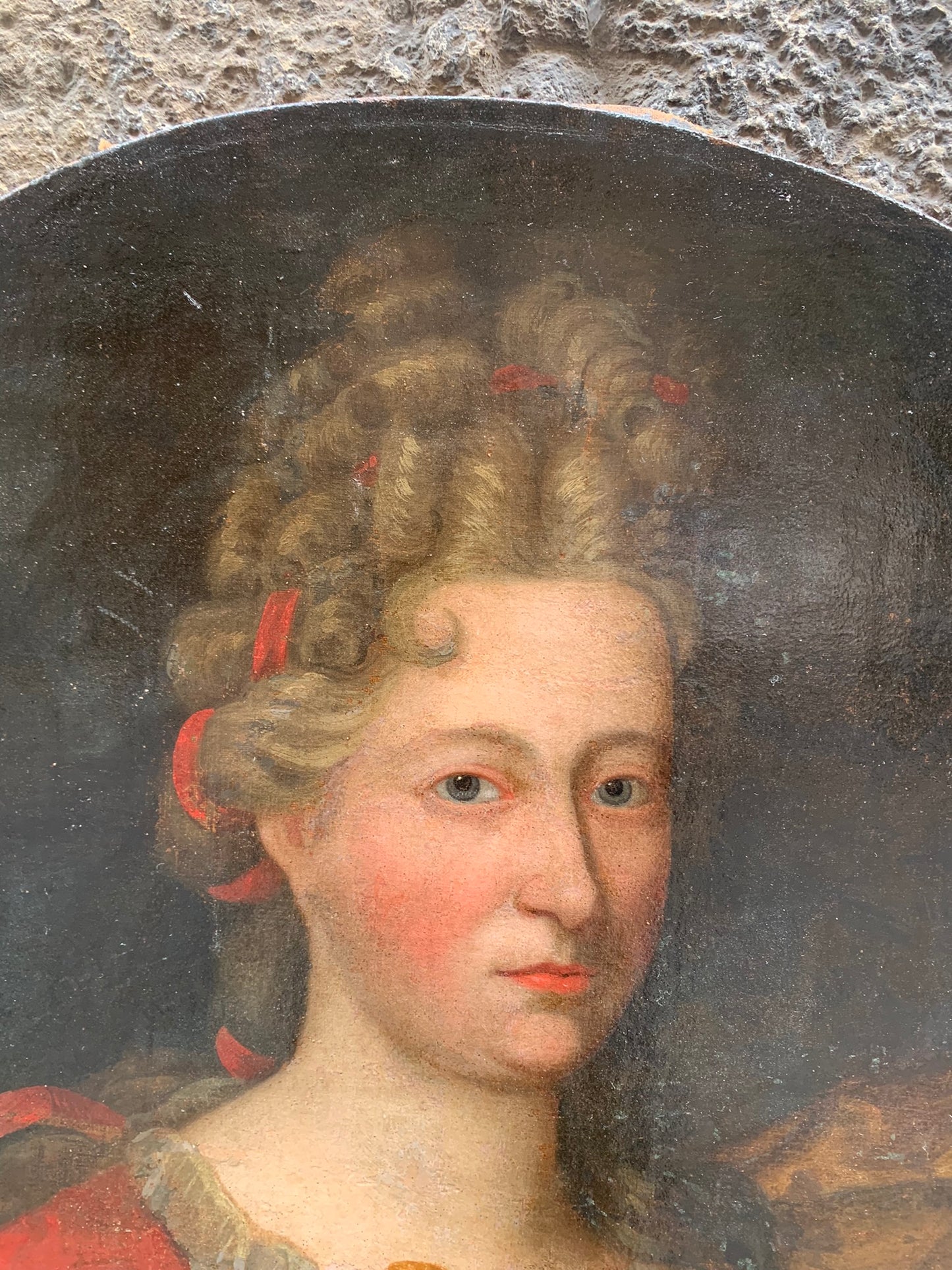 Portrait of a Lady with Flowing Mantle and High Hairstyle with Ribbon.