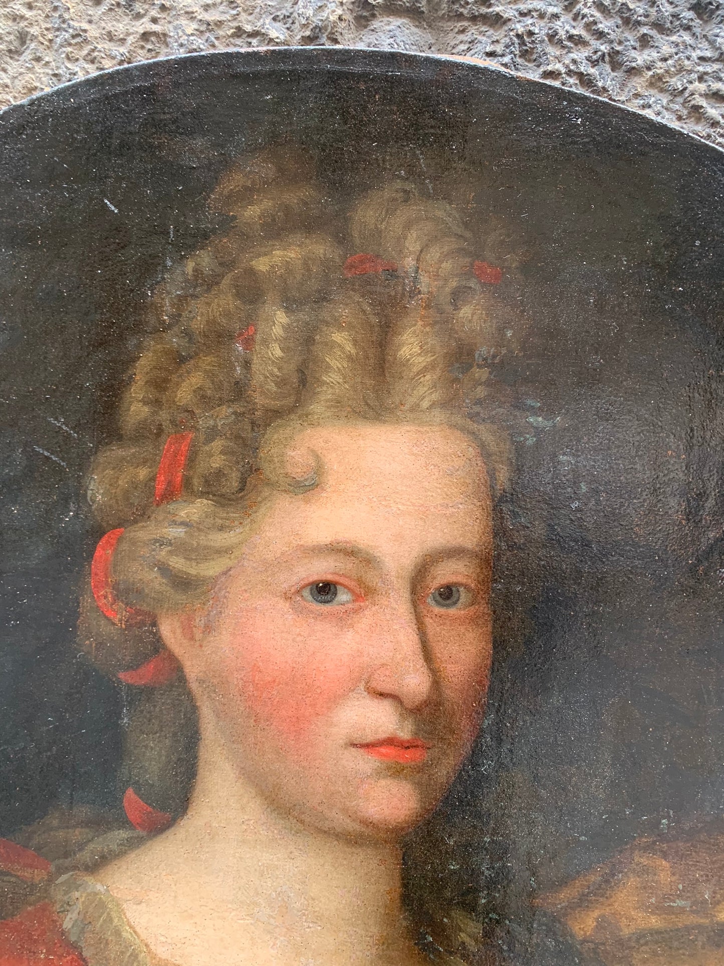 Portrait of a Lady with Flowing Mantle and High Hairstyle with Ribbon.