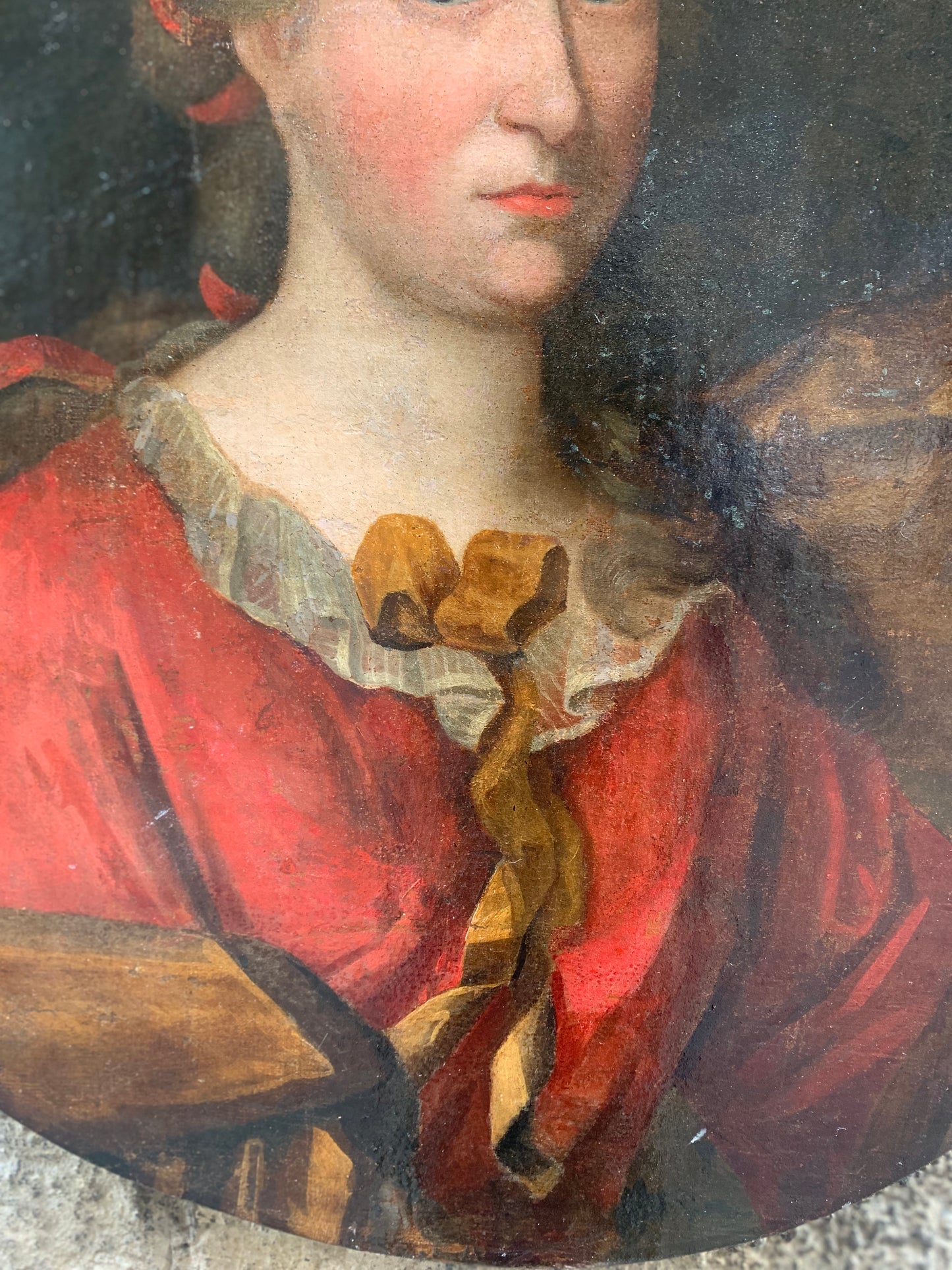 Portrait of a Lady with Flowing Mantle and High Hairstyle with Ribbon.