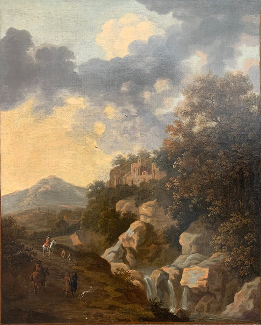 XVII century Dutch school Italianate rocky landscape with archaeological ruins and horse riders with dogs.