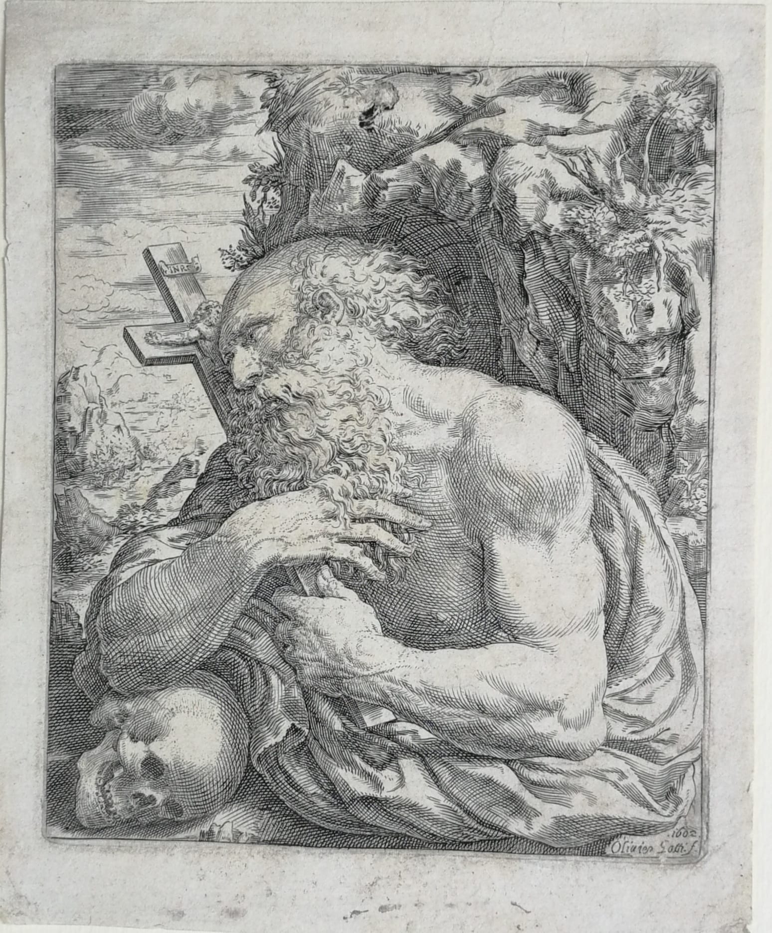 Engraving Saint Jerome Penitent with Skull and Crucifix, Oliviero Gatti, 1602, Italian Old Master print.