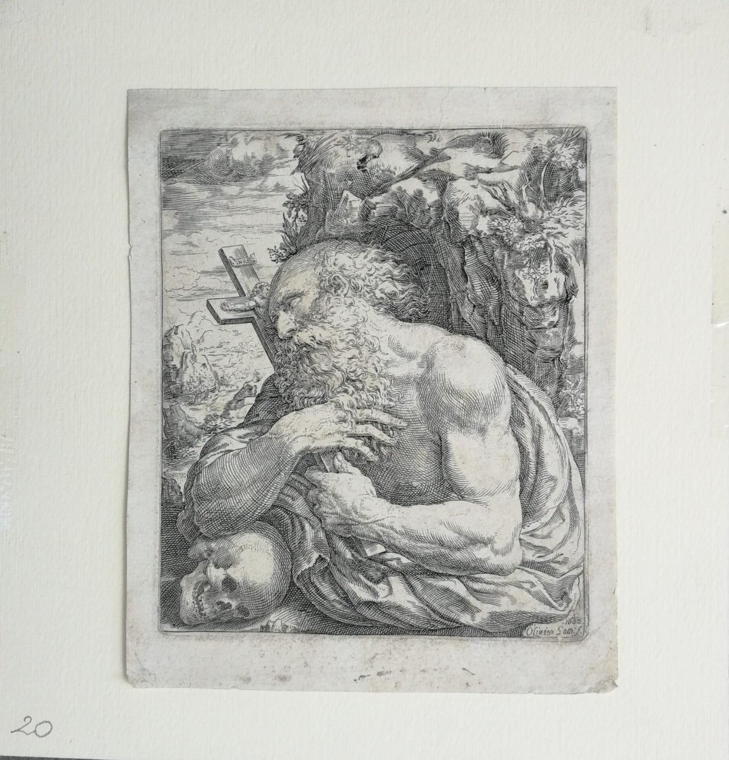 Saint Jerome Penitent with Skull and Crucifix – Engraving by Oliviero Gatti, 1602, Italian Old Master Print