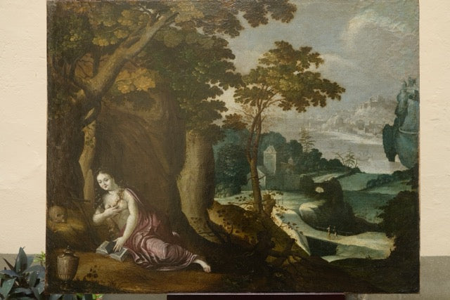 Scuola fiamminga, paesaggio boscoso con castello e città collinare sul fiume, inizio XVII secolo