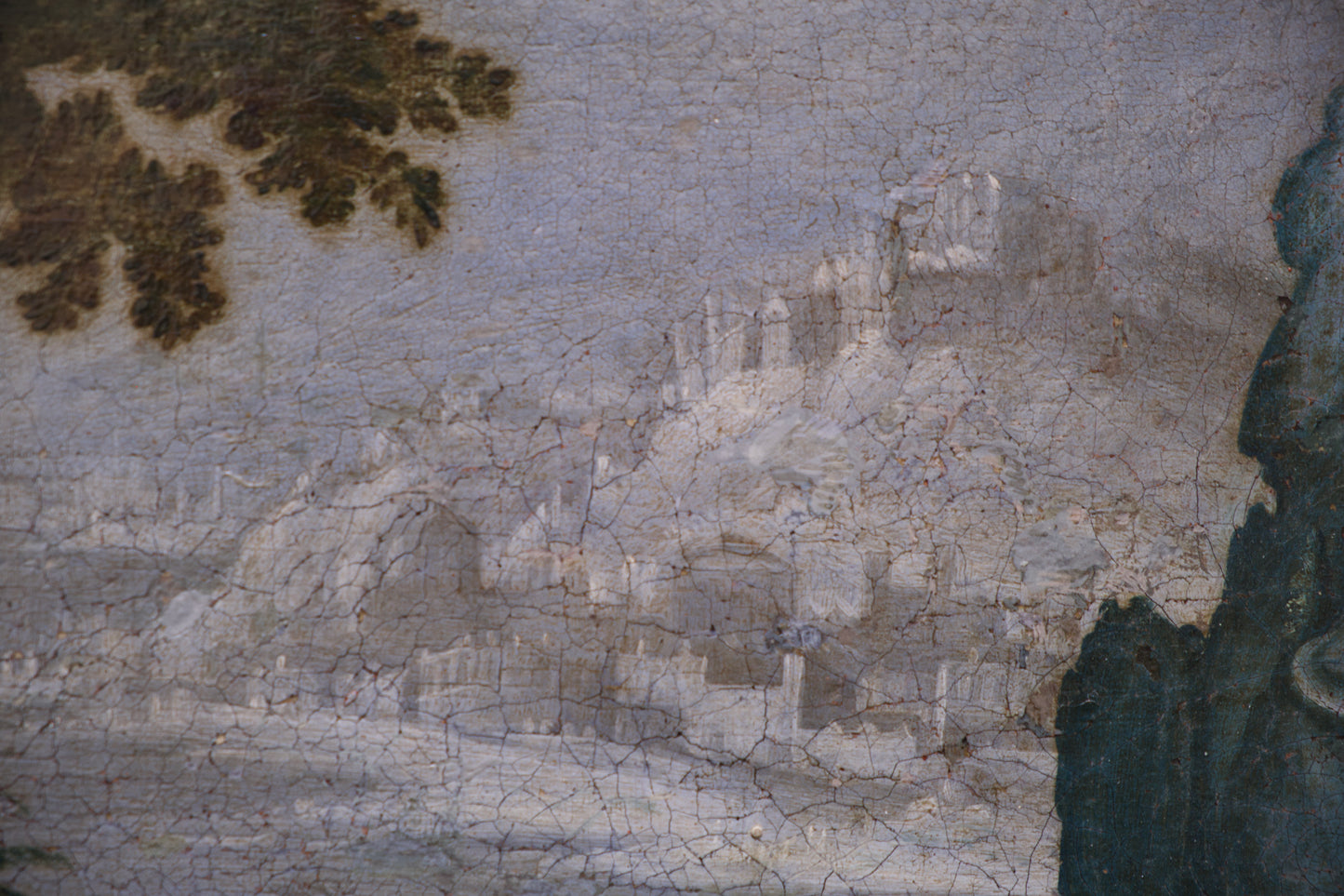 Scuola fiamminga, paesaggio boscoso con castello e città collinare sul fiume, inizio XVII secolo