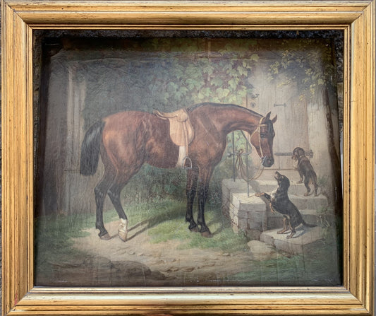 Courtyard Scene with Horse and Two Dachshunds. Anno 1870