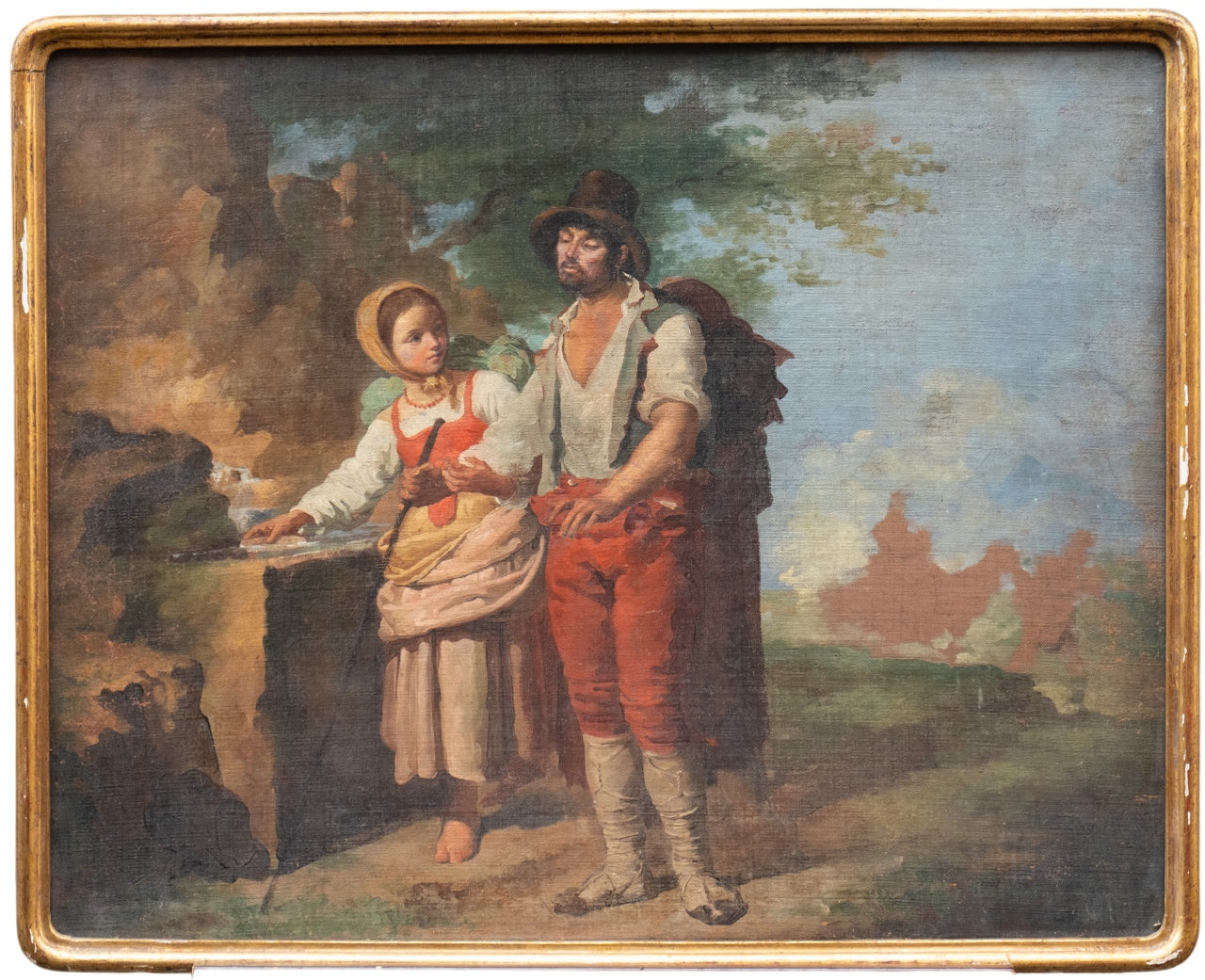 Italian Peasant Girl with Coral Necklace and Man with Ciocie Shoes, 19th Cent. 63,5*52cm