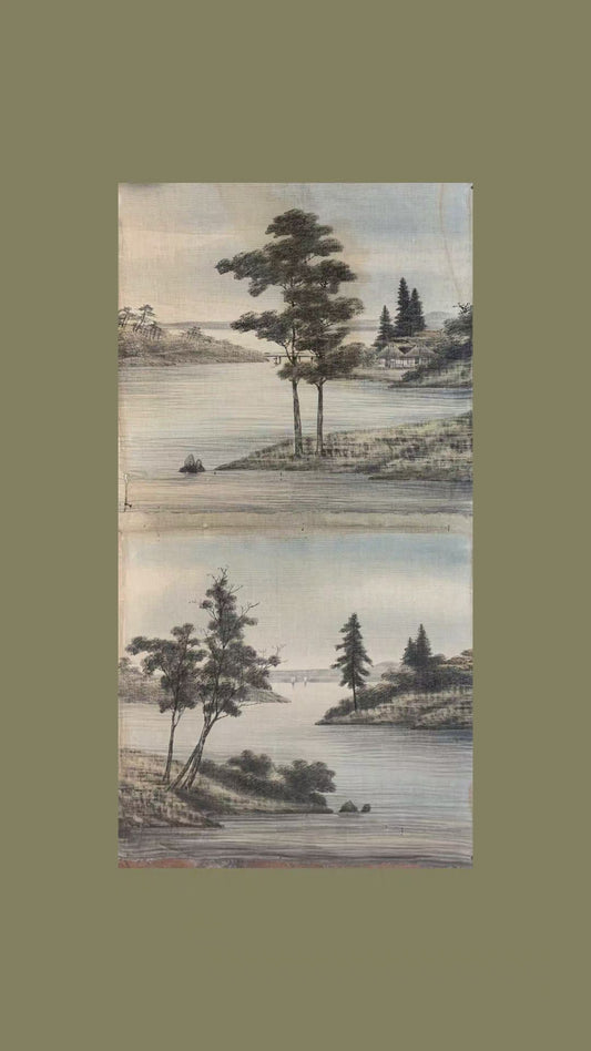 Pair Of Japanese Textile Panels In Yuzen Birodo Velvet With Traditional Landscapes. Late XIX C.