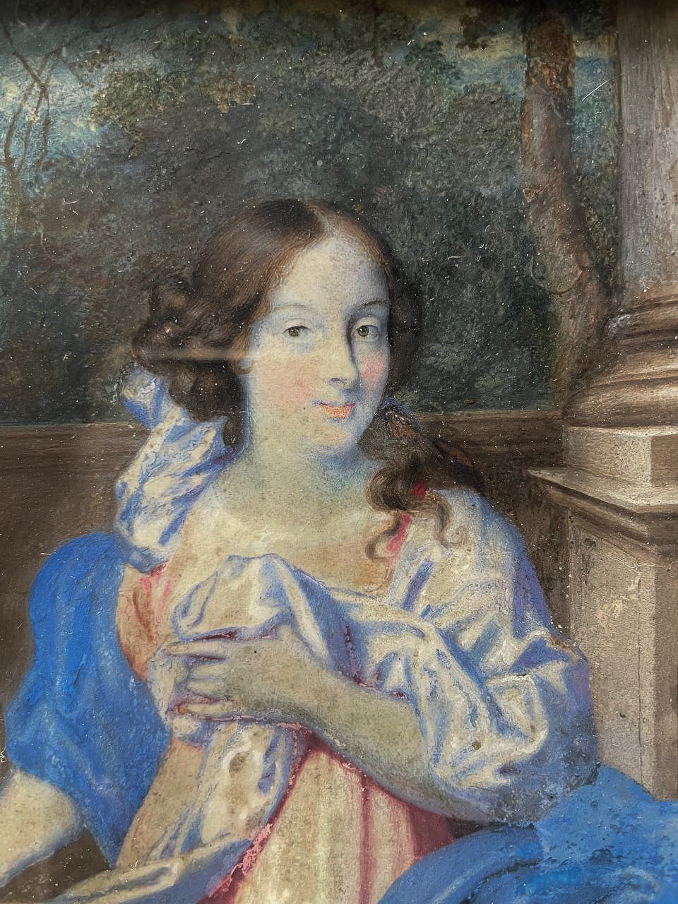 Ritratto di scuola olandese, circa 1670, giovane dama nel giardino davanti a balaustra