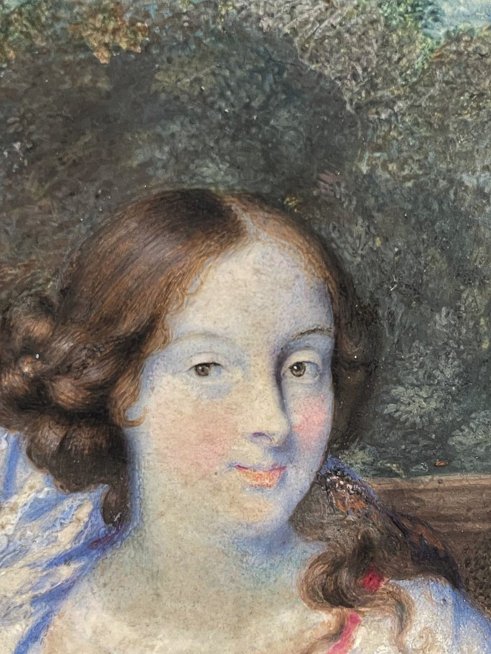 Ritratto di scuola olandese, circa 1670, giovane dama nel giardino davanti a balaustra