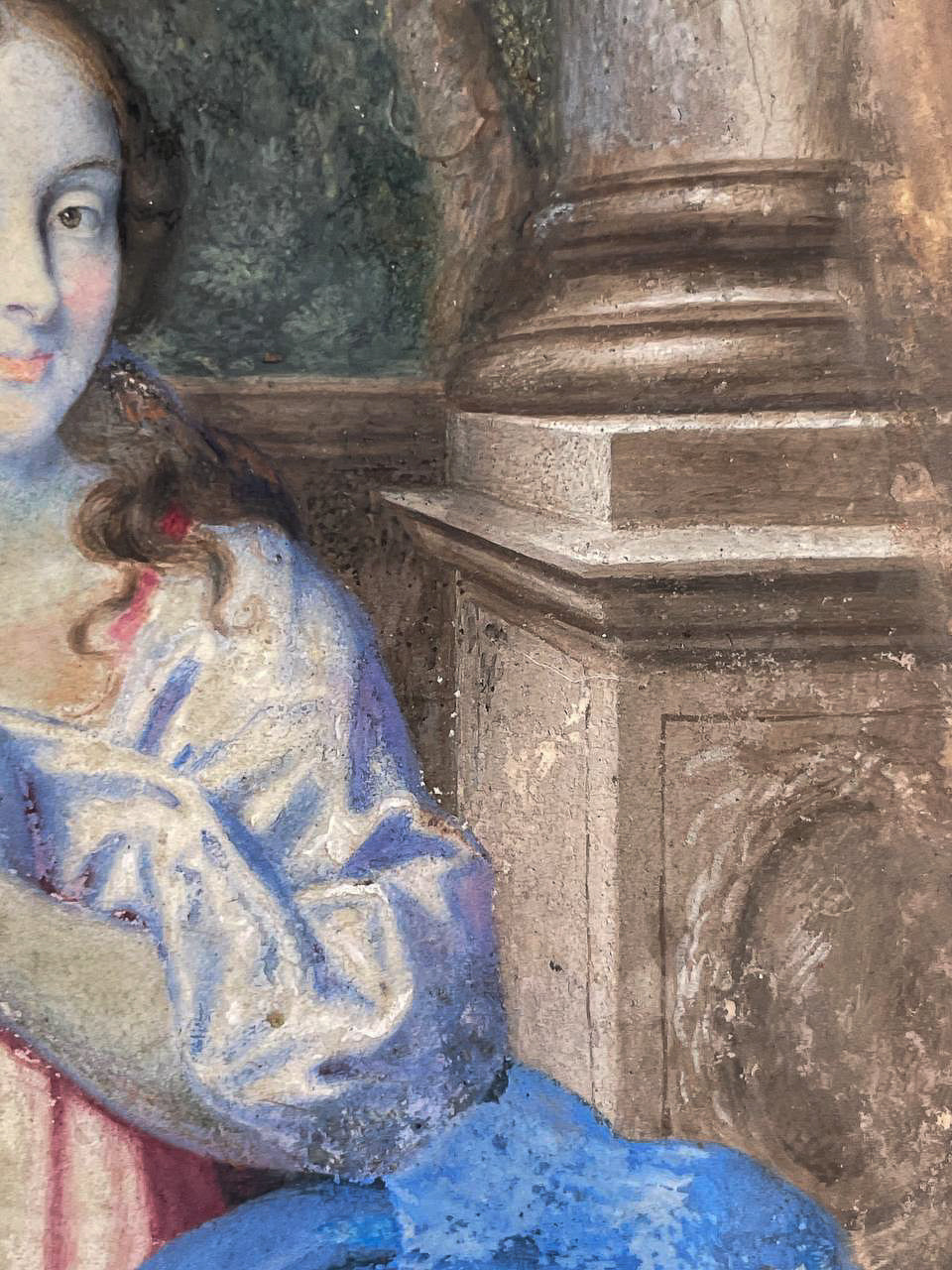 Ritratto di scuola olandese, circa 1670, giovane dama nel giardino davanti a balaustra