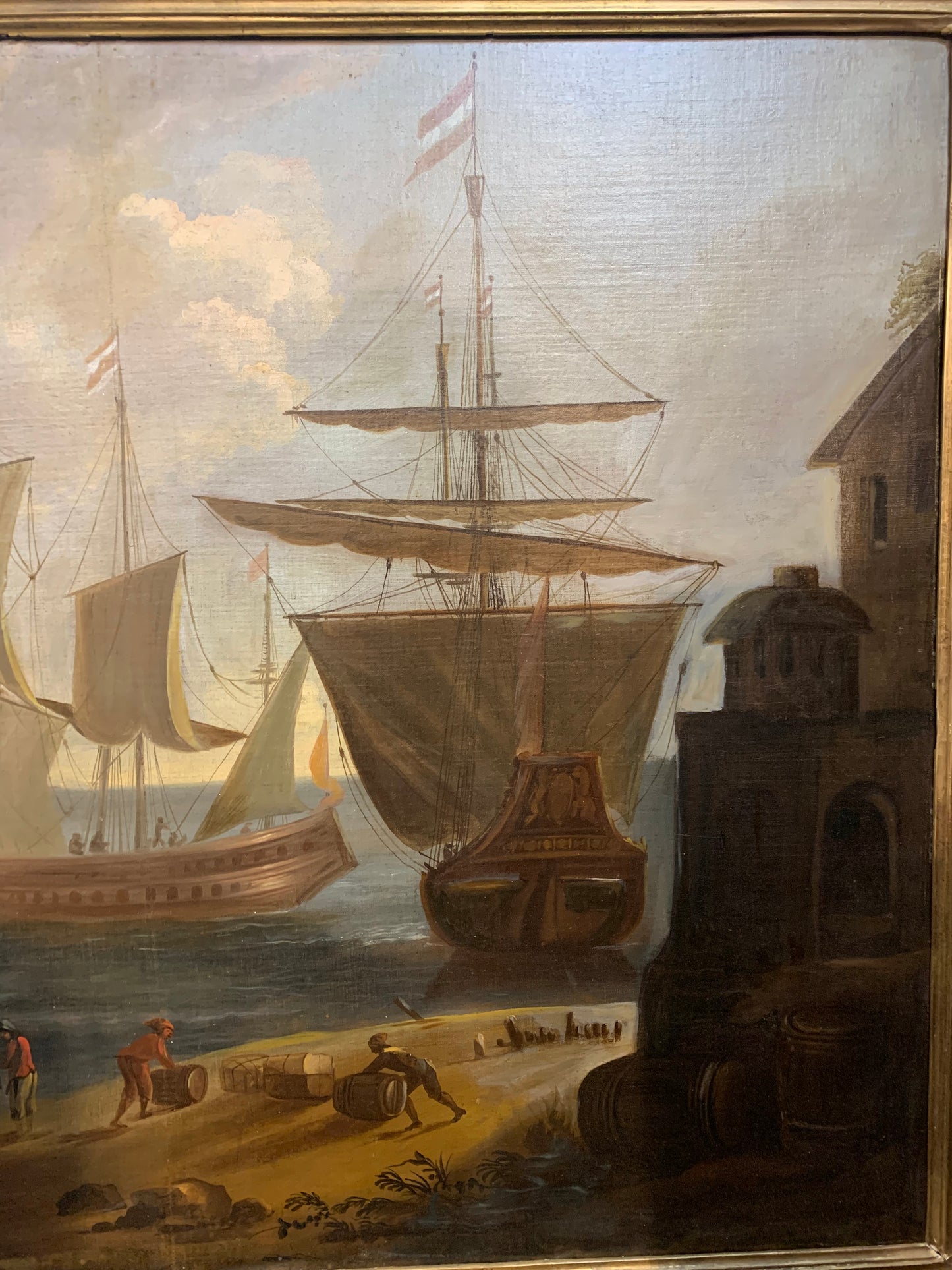 Large Marine painting with Ships in the port.   Late 18th century.