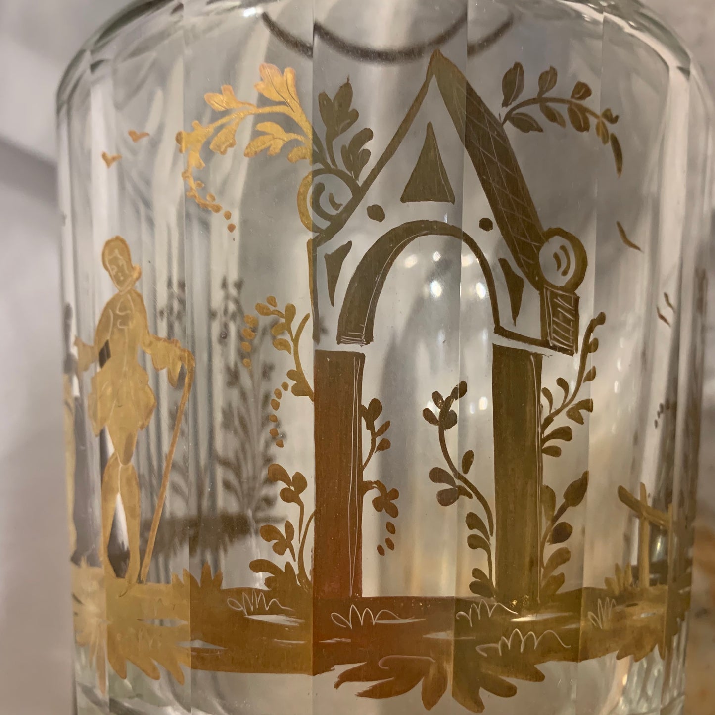 Gold-painted glass carafe with gallant scenes. Italy. Late 19th century