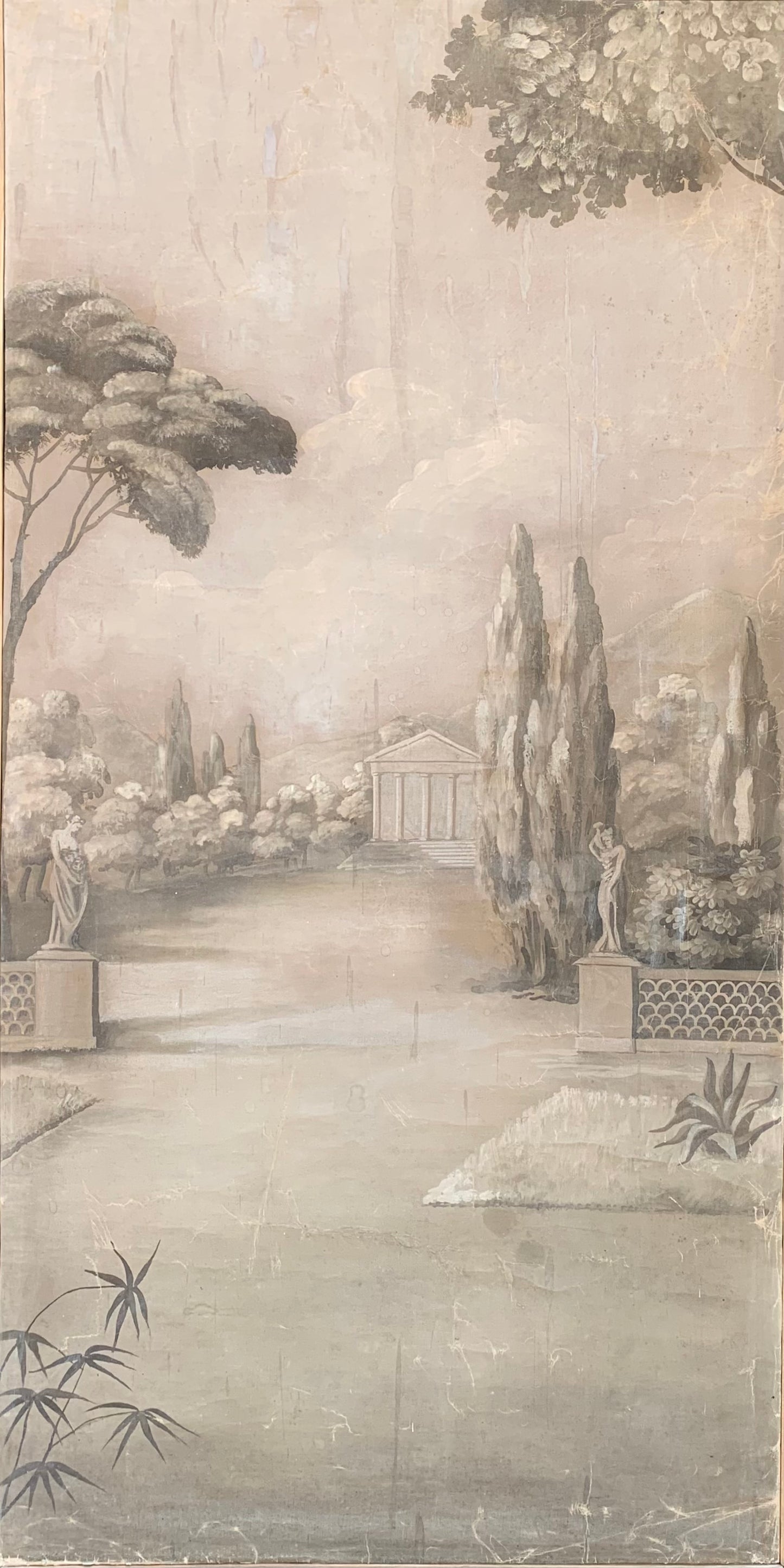 Monochrome painting with classical temple and cypresses.  Late 18th century.