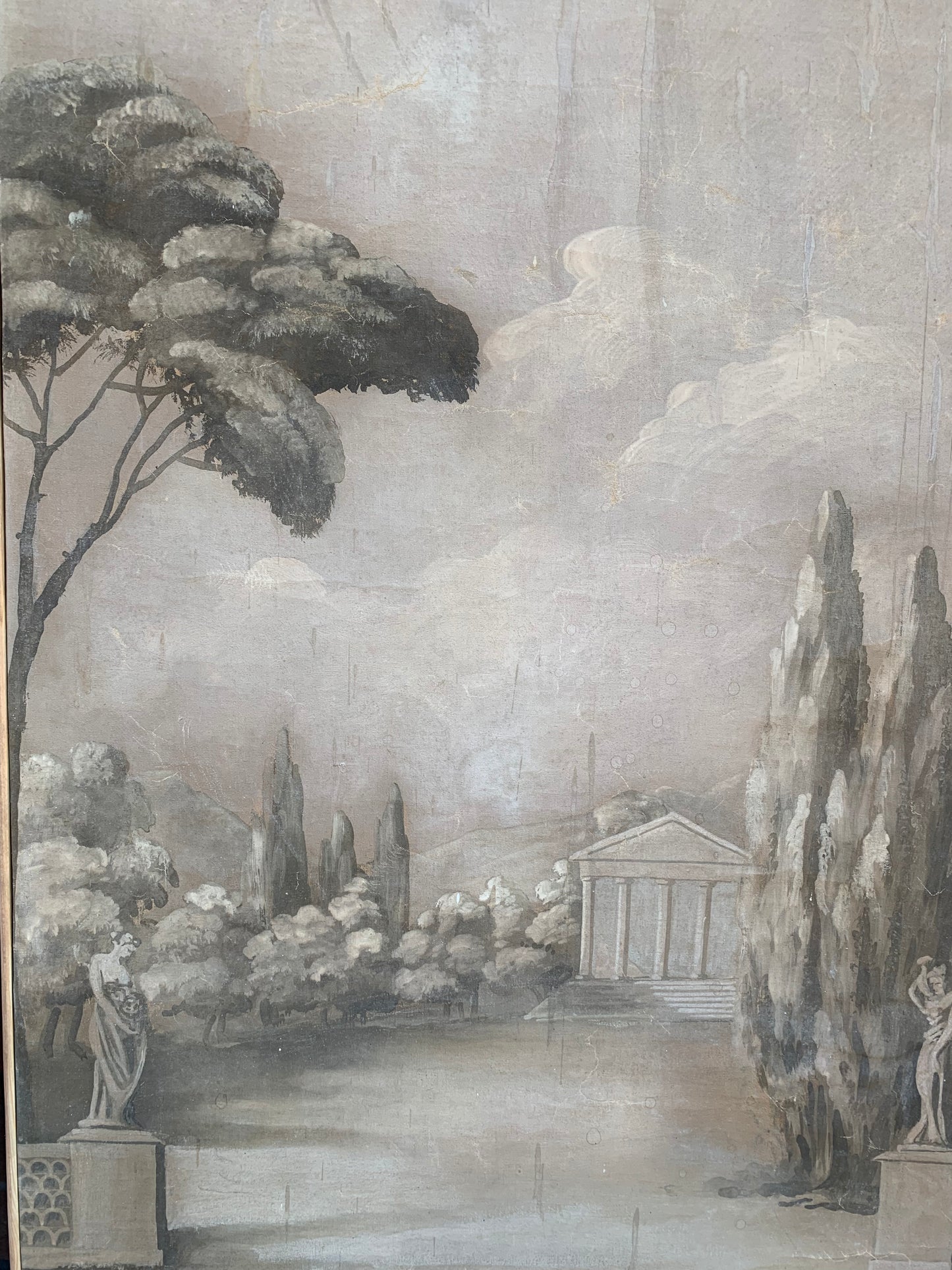 Monochrome painting with classical temple and cypresses.  Late 18th century.