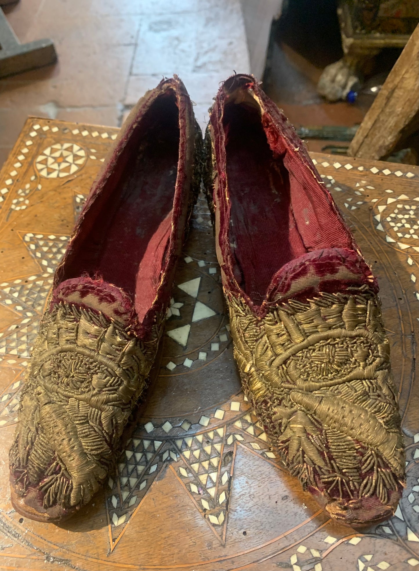 Ottoman empire slippers with gold thread padded embroidery. XIX century.