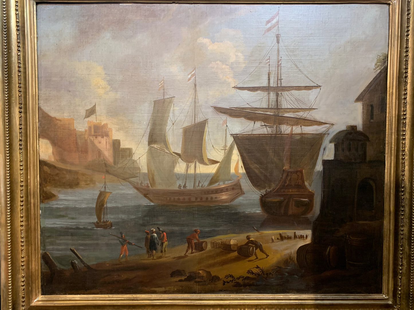 Large Marine painting with Ships in the port.   Late 18th century.