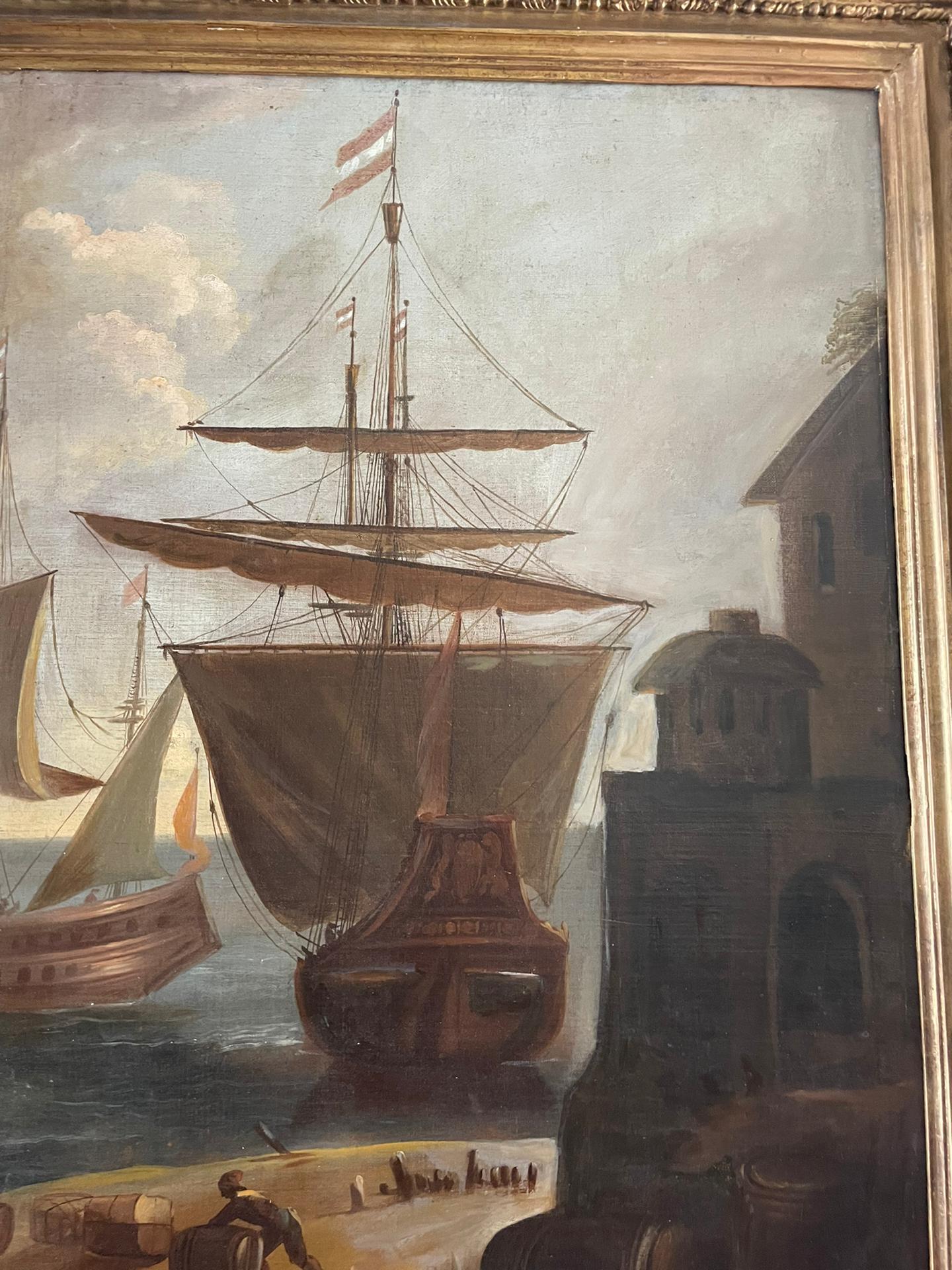 Large Marine painting with Ships in the port.   Late 18th century.