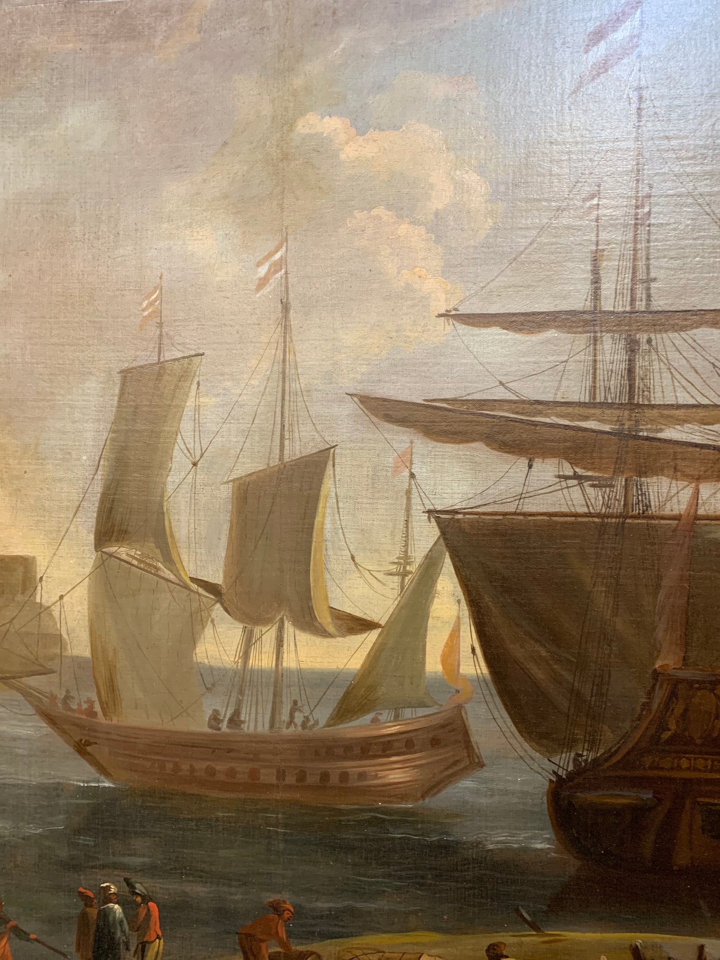 Large Marine painting with Ships in the port.   Late 18th century.
