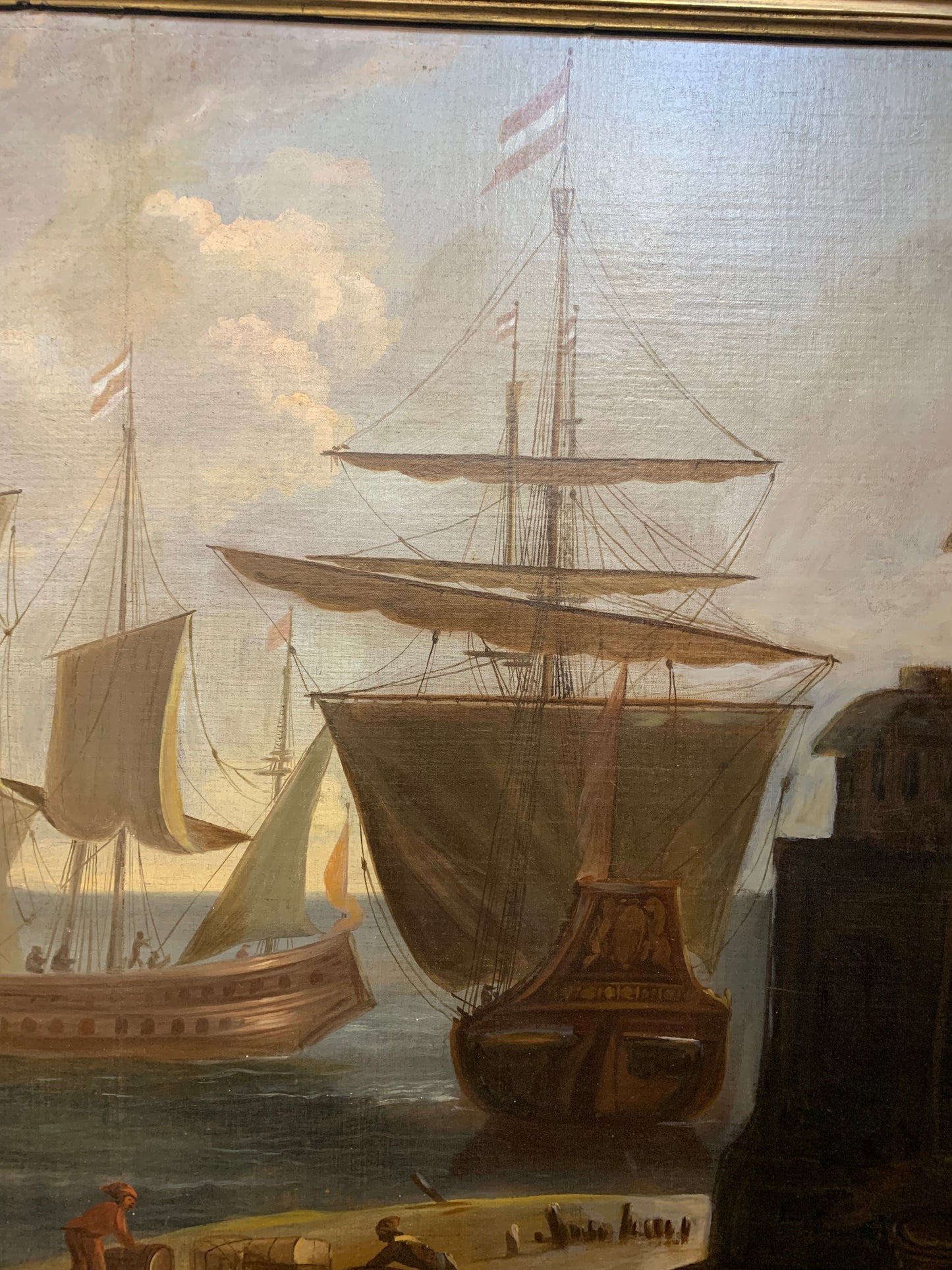 Large Marine painting with Ships in the port.   Late 18th century.