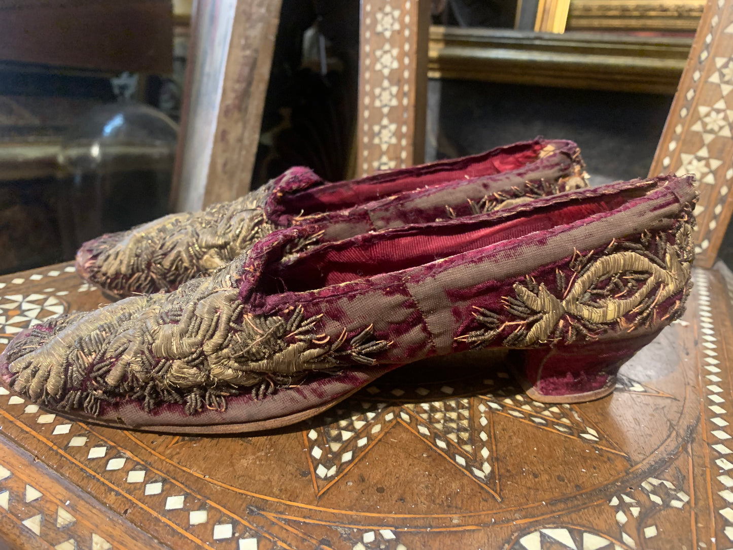Ottoman empire slippers with gold thread padded embroidery. XIX century.